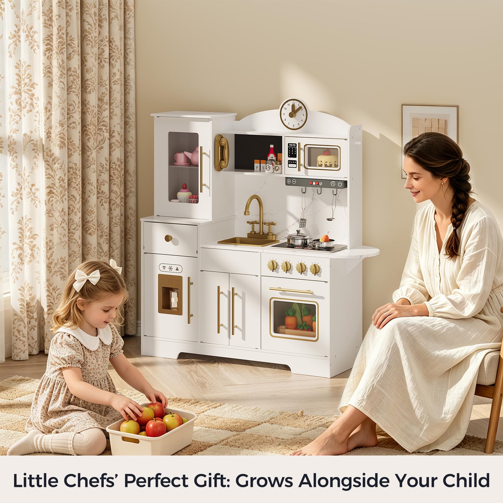 Kinderküche Spielküche Kinder, Holz Kinder Küche Mit Licht & Sound- Kreidetafel Mikrowelle Herd Spüle Kochutensilien Eismaschine Lernspielzeug Für Ab 3 Jahre Geburtstagsgeschenk,99.8×32×105 cm, Weißa