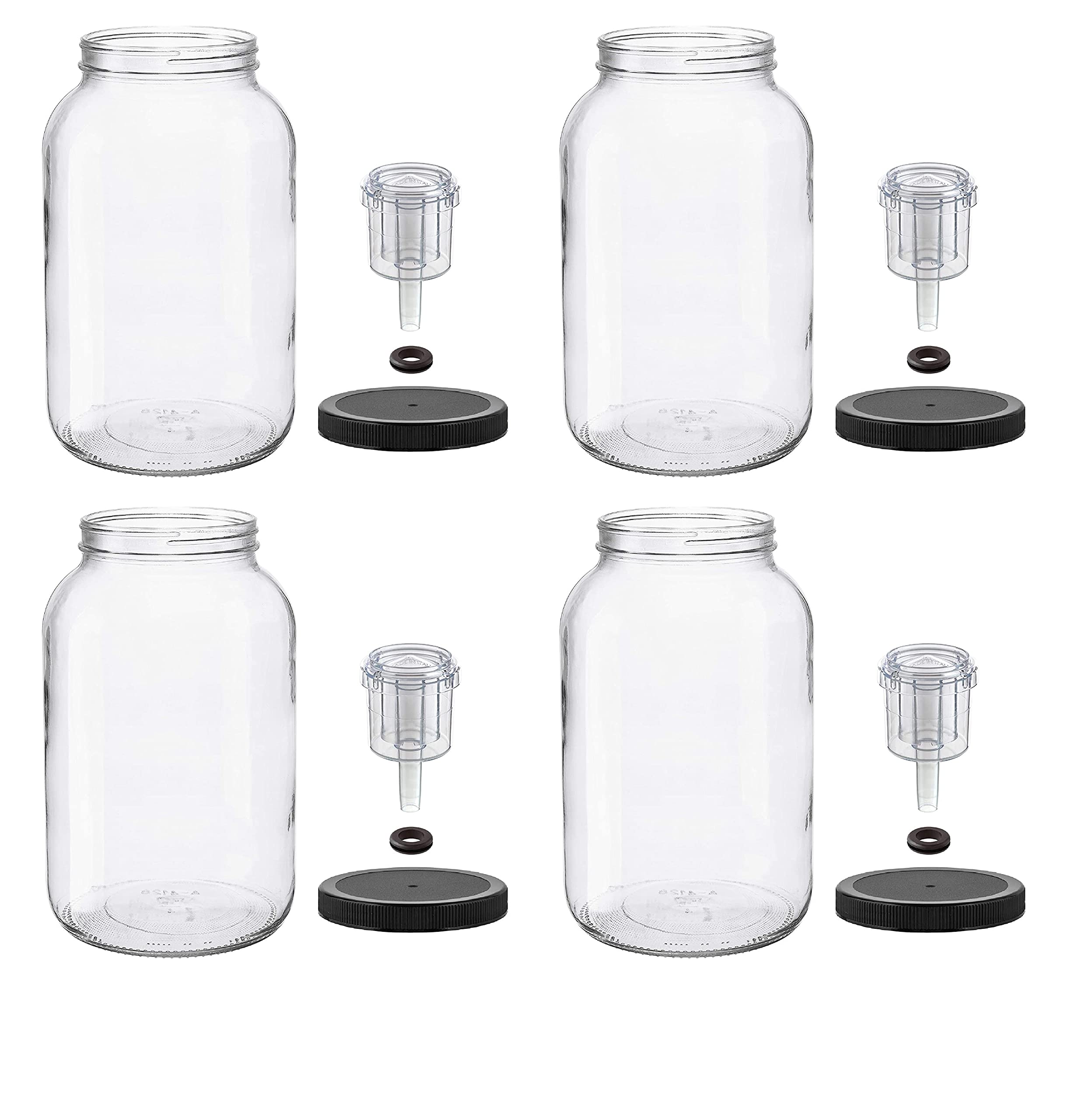 North Mountain Supply 1 Gallon Glass Jar Wide Mouth with Grommeted Black Plastic Lid, and 2-Piece Airlock - USDA, BPA-Free, Made in the USA - for