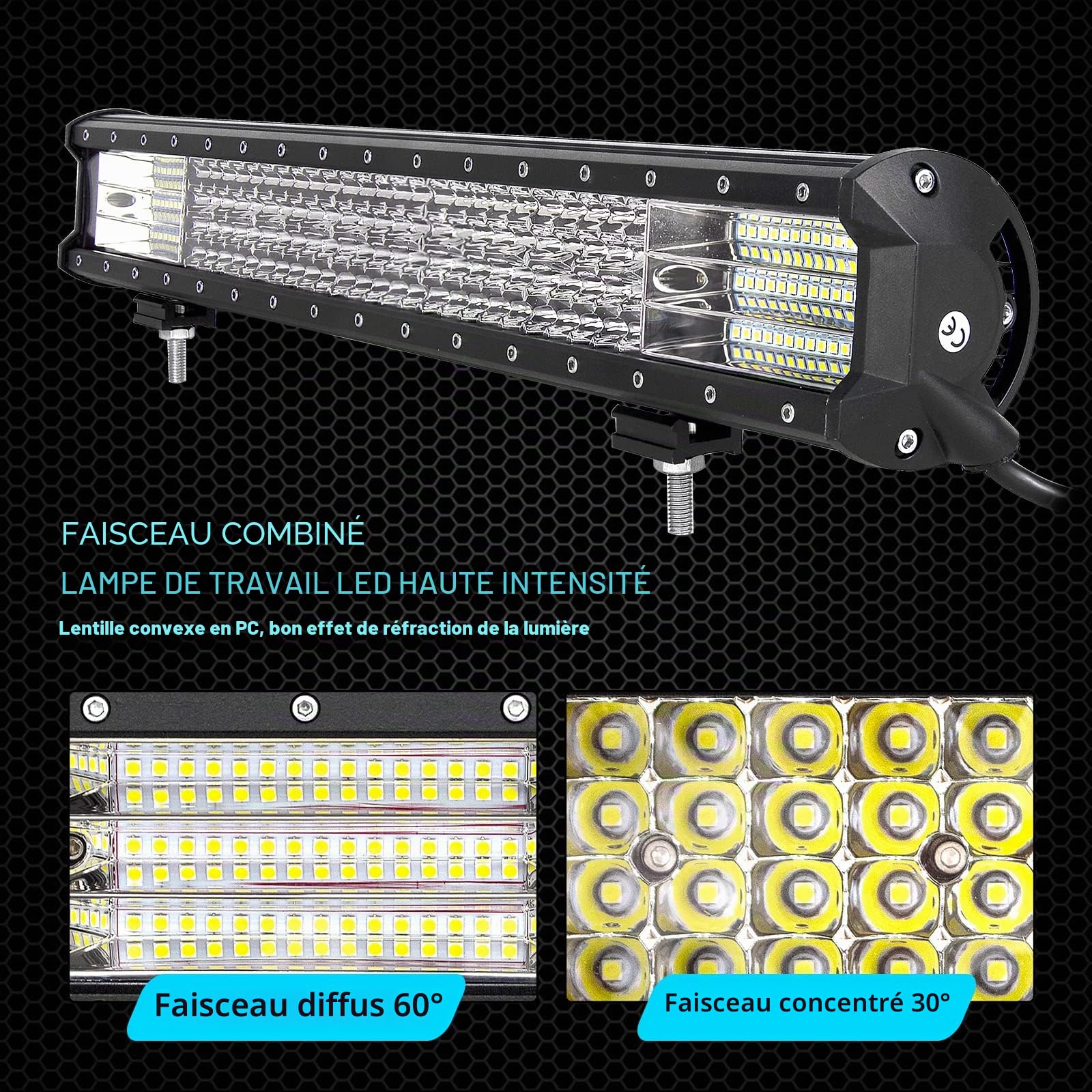 RIGIDON 23 pouces 59cm 570W Led Light Barre avec 12v faisceau de câblage kit, Barre Lumineuse led Phare de travail pour 4x4 Offroad Véhicule Voiture Camion tracteur, 6000K feu antibrouillard