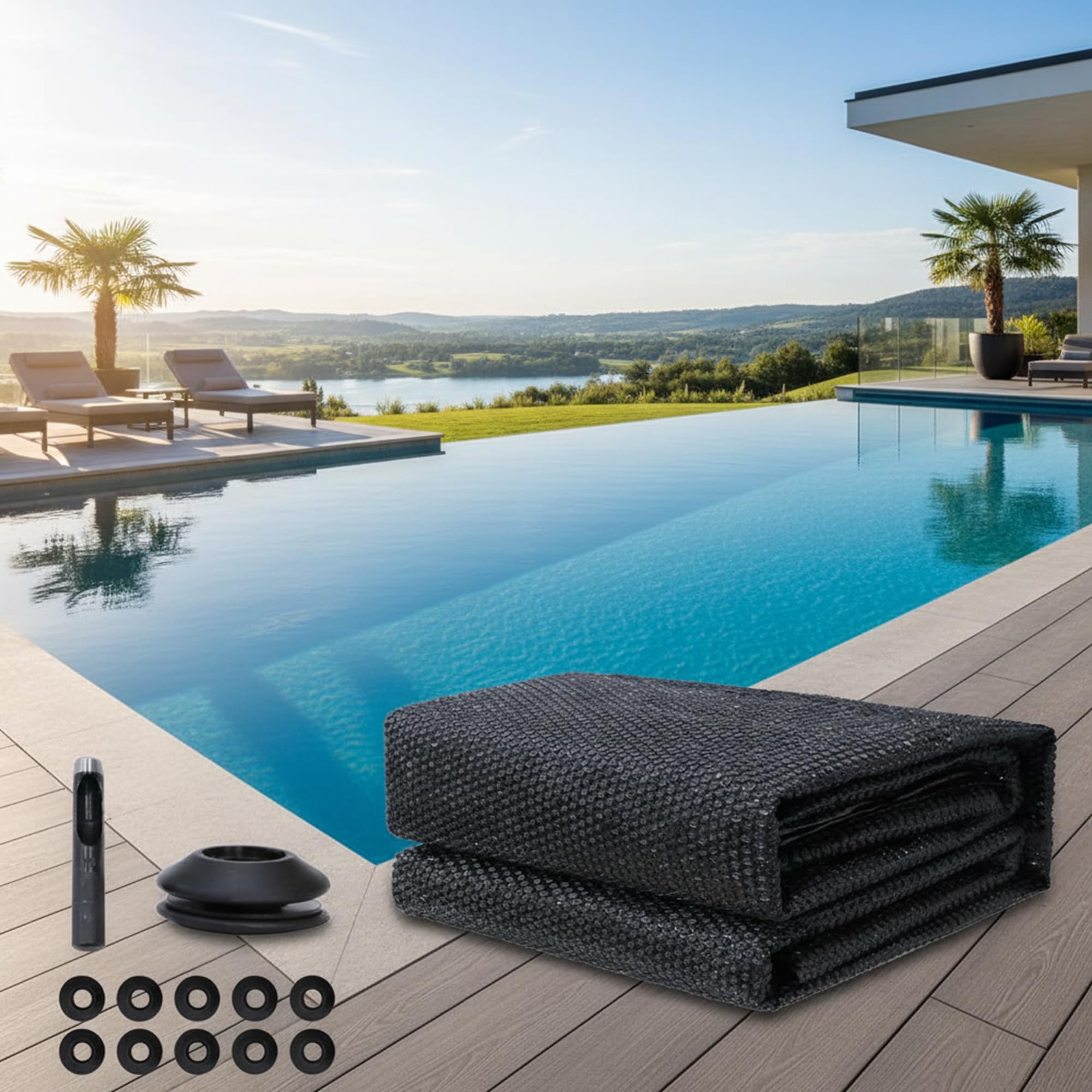 Mucola Solarfolie Pool rund Ø 457 cm Schwarz inkl. 10 Ösen & Werkzeug | Poolabdeckung Solarplane Pool Abdeckplane PVC PE-Folie Luftkammern 120 My | Wärmefolie Poolfolie Solarheizung zuschneidbar