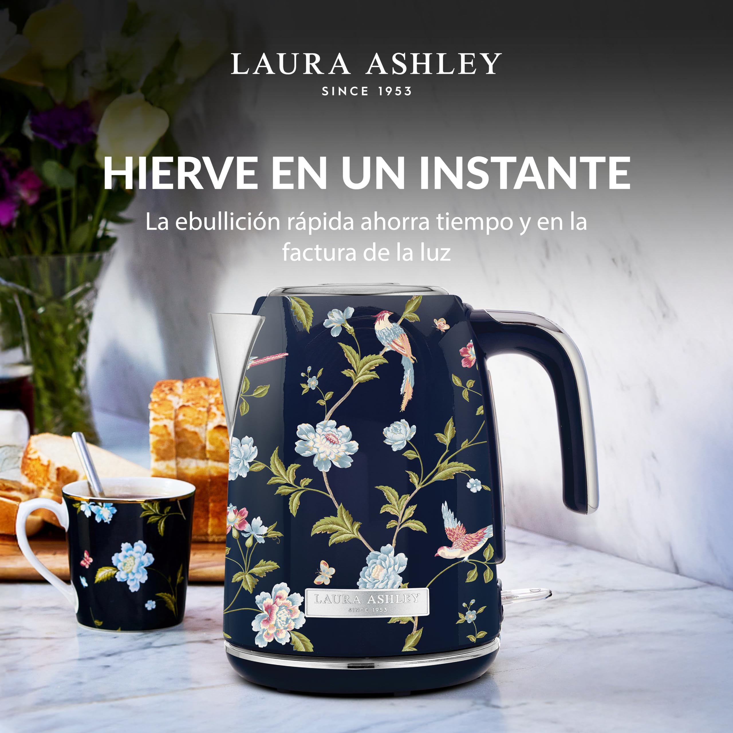 VQ Laura Ashley Elveden Navy Hervidor de Agua Eléctrico 1,7 L | 2,2 kW Ebullición Rápida y Silencioso, Vertido Sin Goteo, Filtro Antical, Eficiente Energéticamente e Indicador de Nivel