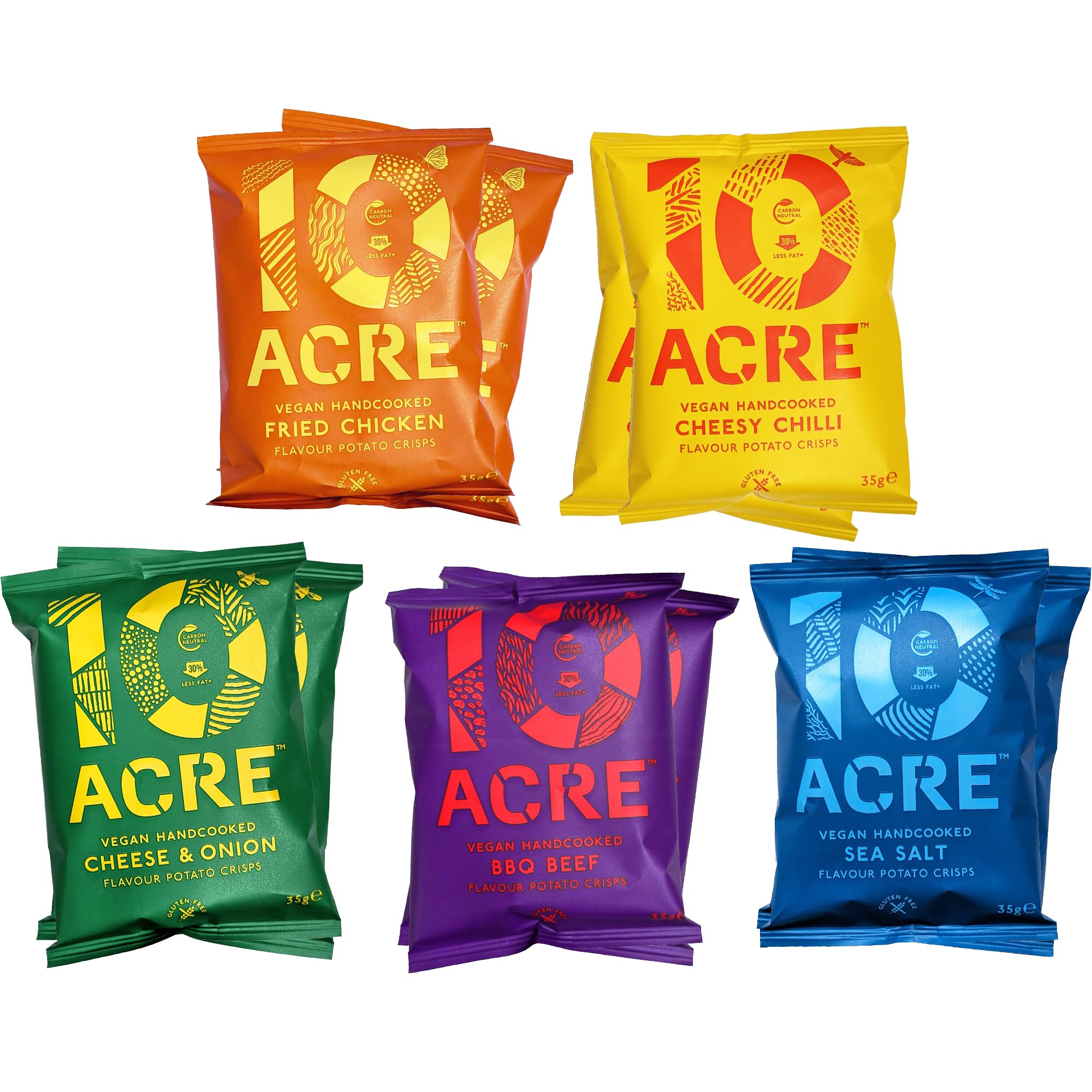 Ten Acre SMALL Crisps Variety Pack - Sea Salt, Cheese & Onion, Fried Chicken, BBQ Beef, Cheesy Chilli - 2 Packs of 35g Each - Gluten-Free and Delicious Snack Chips