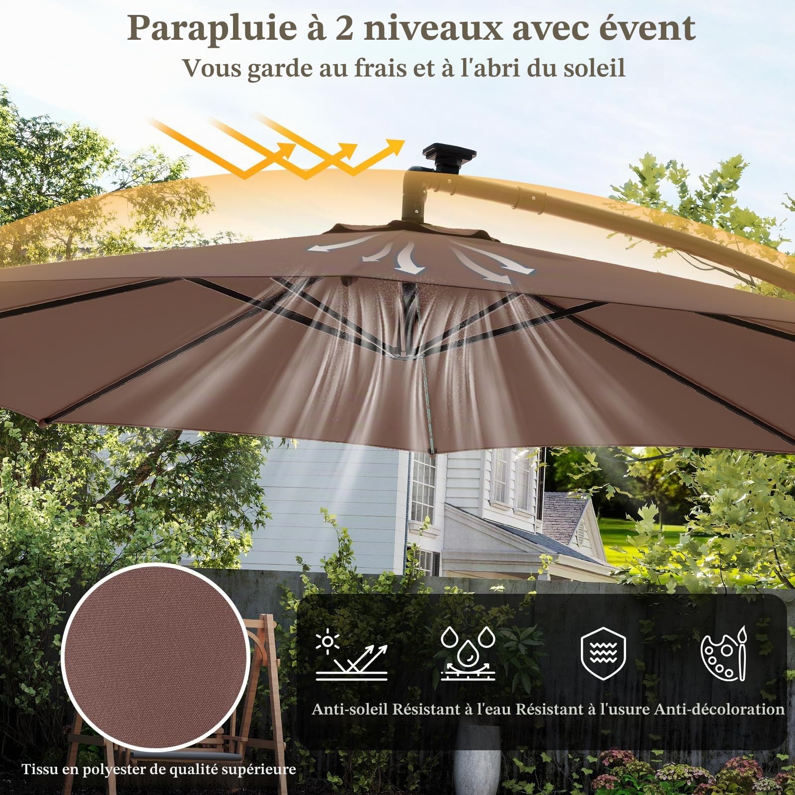 RELAX4LIFE Parasol Déporté 3x3M LED Solaire 96 Lumières 7 Modes (Marron)
