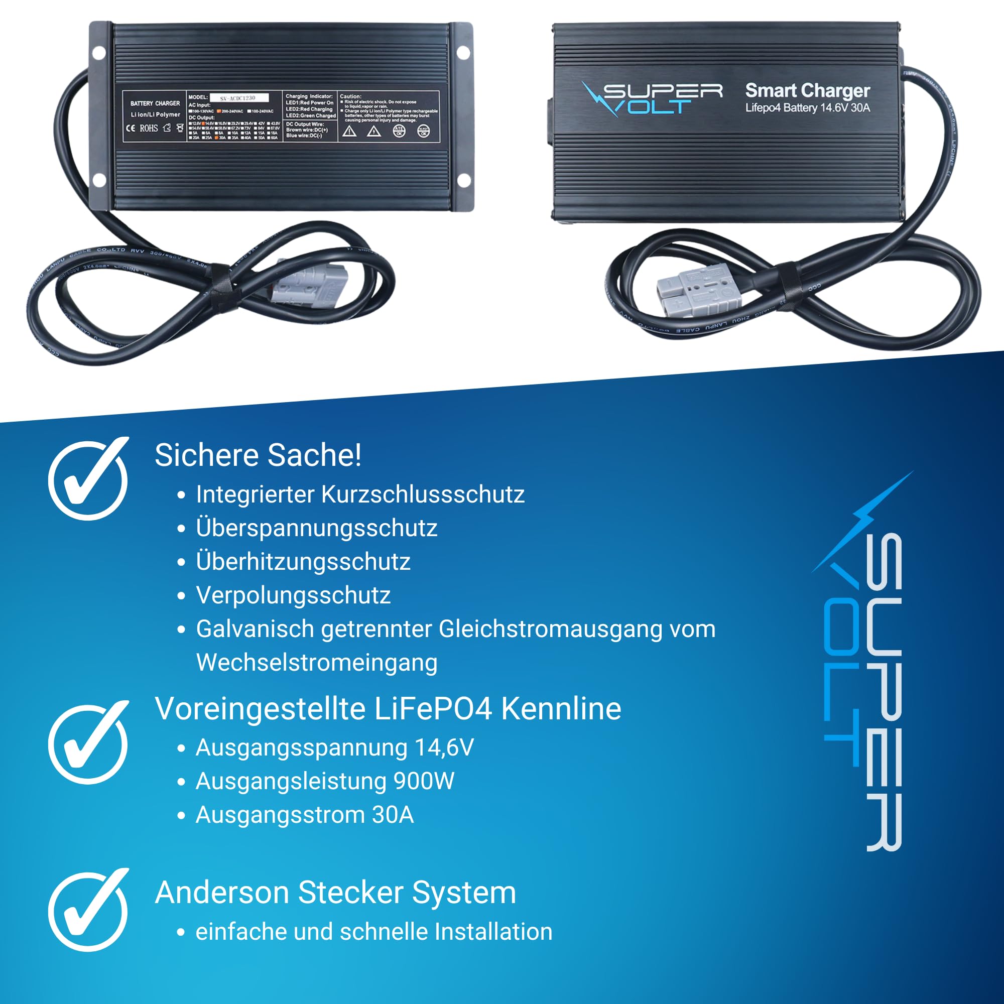 LiFePO4 Ladegerät 12V 30A | Schnelles Laden für Lithium Batterien | Plug & Play mit Anderson-Stecker & Schutzsystem | Inkl. 1,5 m AC & DC Kabel – für Wohnmobil, Boot & Solar