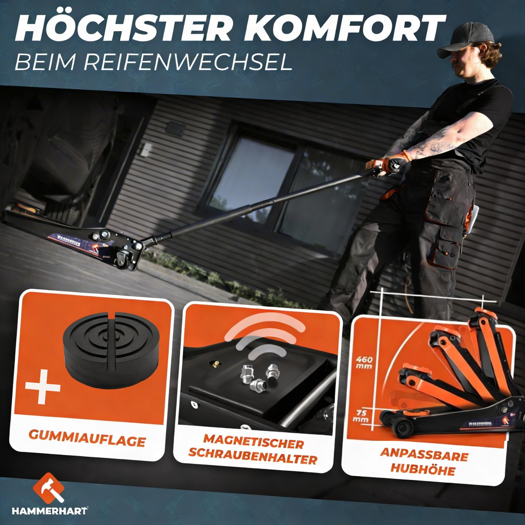 HAMMERHART - Hydraulischer Wagenheber 3T | [Testsieger] Rangierwagenheber mit 75-460mm Hubhöhe | Premium Wagenheber flach mit 360° Rollen & Doppelkolben | Jack mit Gummiauflage & T-Griff