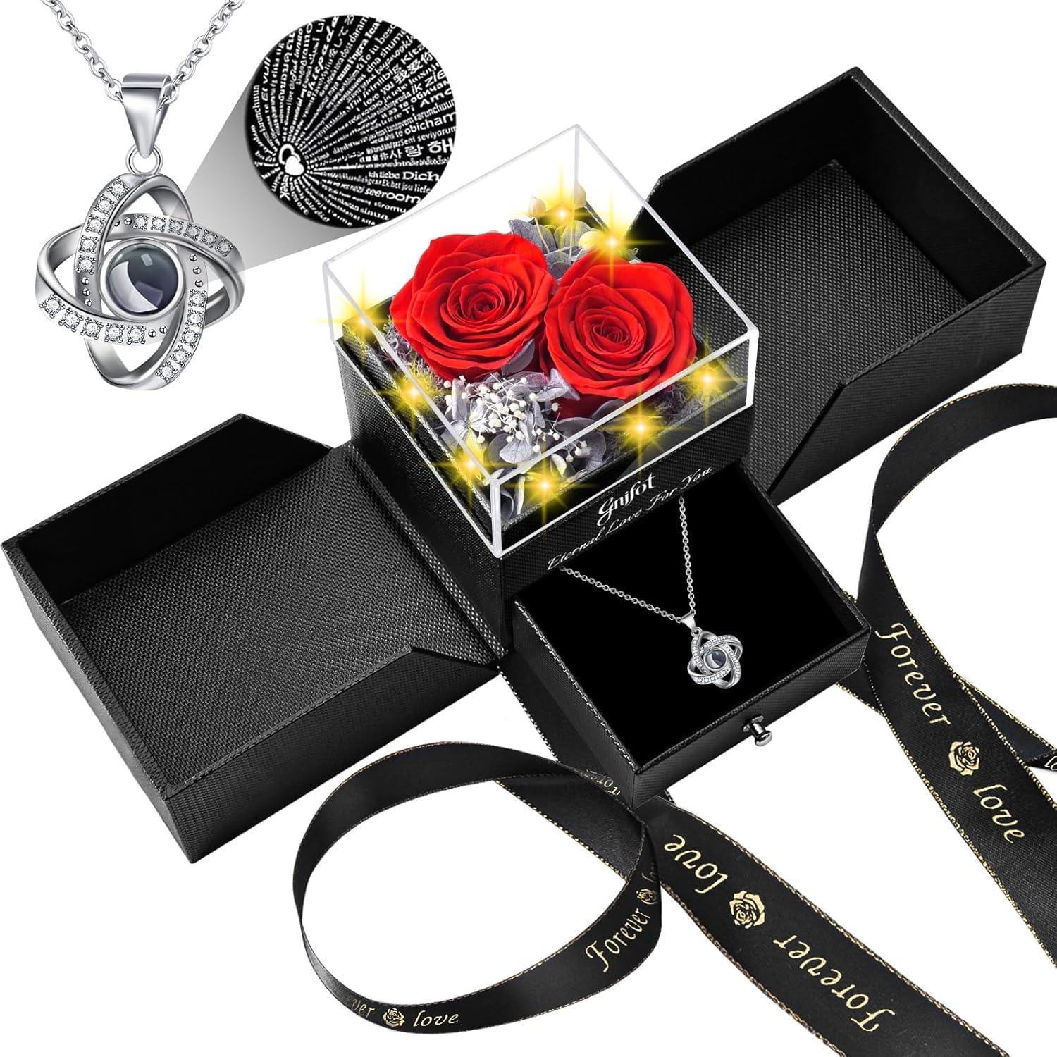 Preserved Red Real Rose with I Love You in 100 Languages Necklace,Eternal Flowers Gifts for Women Wife Girlfriend Mom Grandma on Birthday Anniversary Valentines Mothers Day Christmas,Red Rose