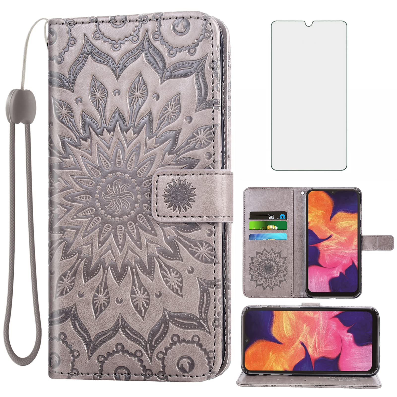 Phone Case for Samsung Galaxy A20S Wallet Cases with Tempered Glass Screen Protector Sunflower Leather Slim Flip Cover Card Holder Stand Cell Accessories Glaxay A 20S Plus Gaxaly A207M Women Men Gray