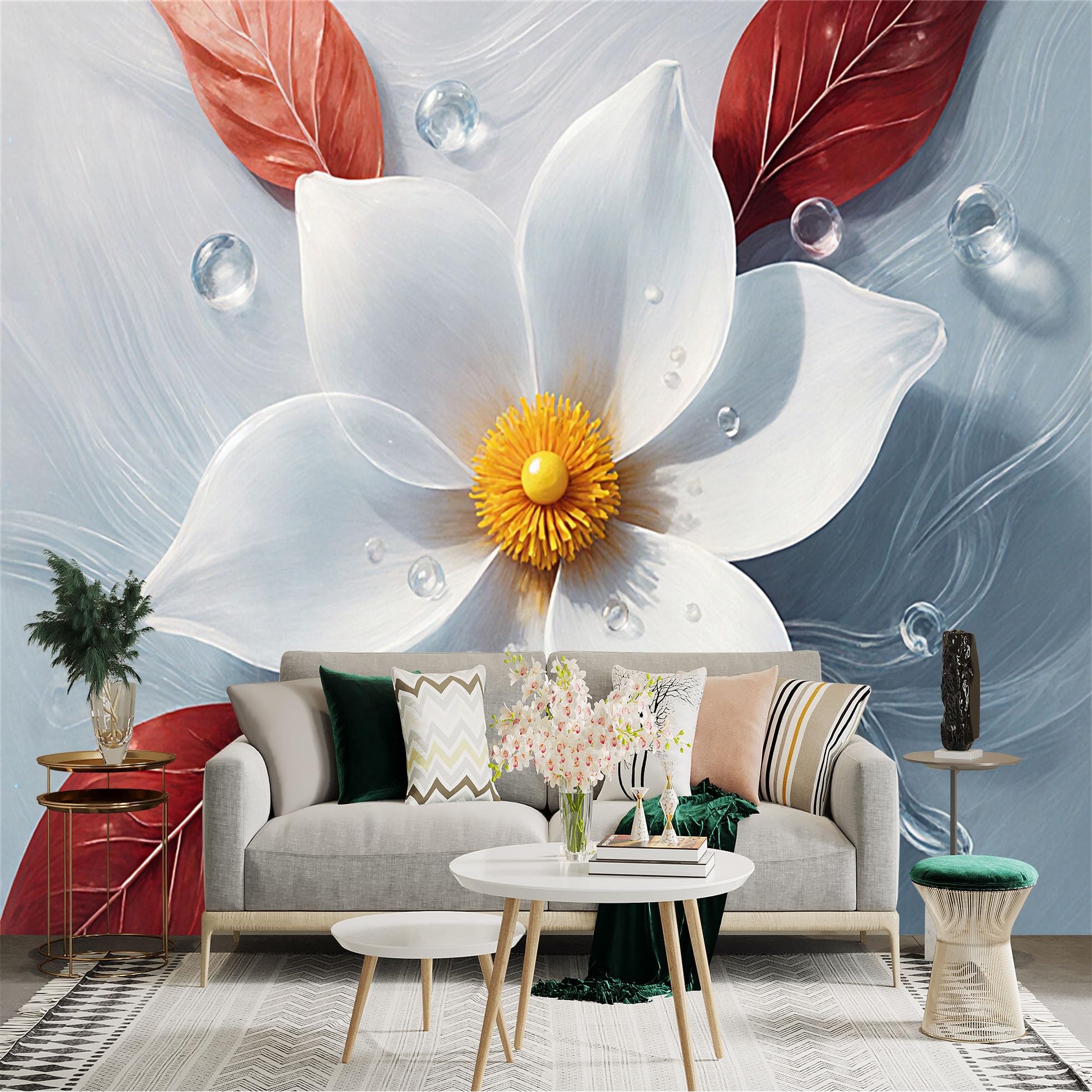 Custom Size Wall Sticker Mural， Elegant White Flower with Red Leaves and Morning Dew， for wall Decoration， peelandstick wall Decals.