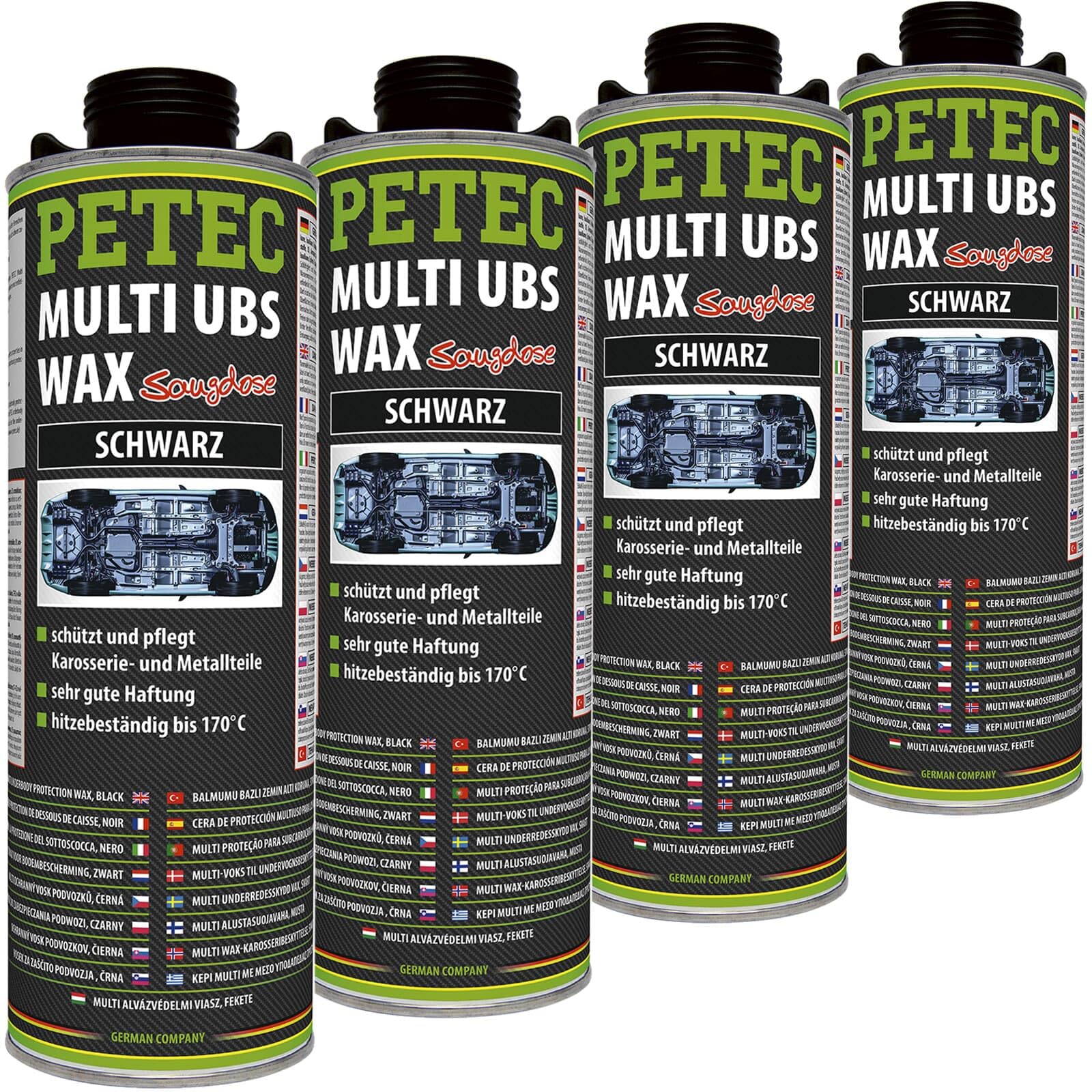 BandelOne enthält 4X 1L PETEC Unterbodenschutz Multi UBS Wax Saugdose Steinschlagschutz Schwarz