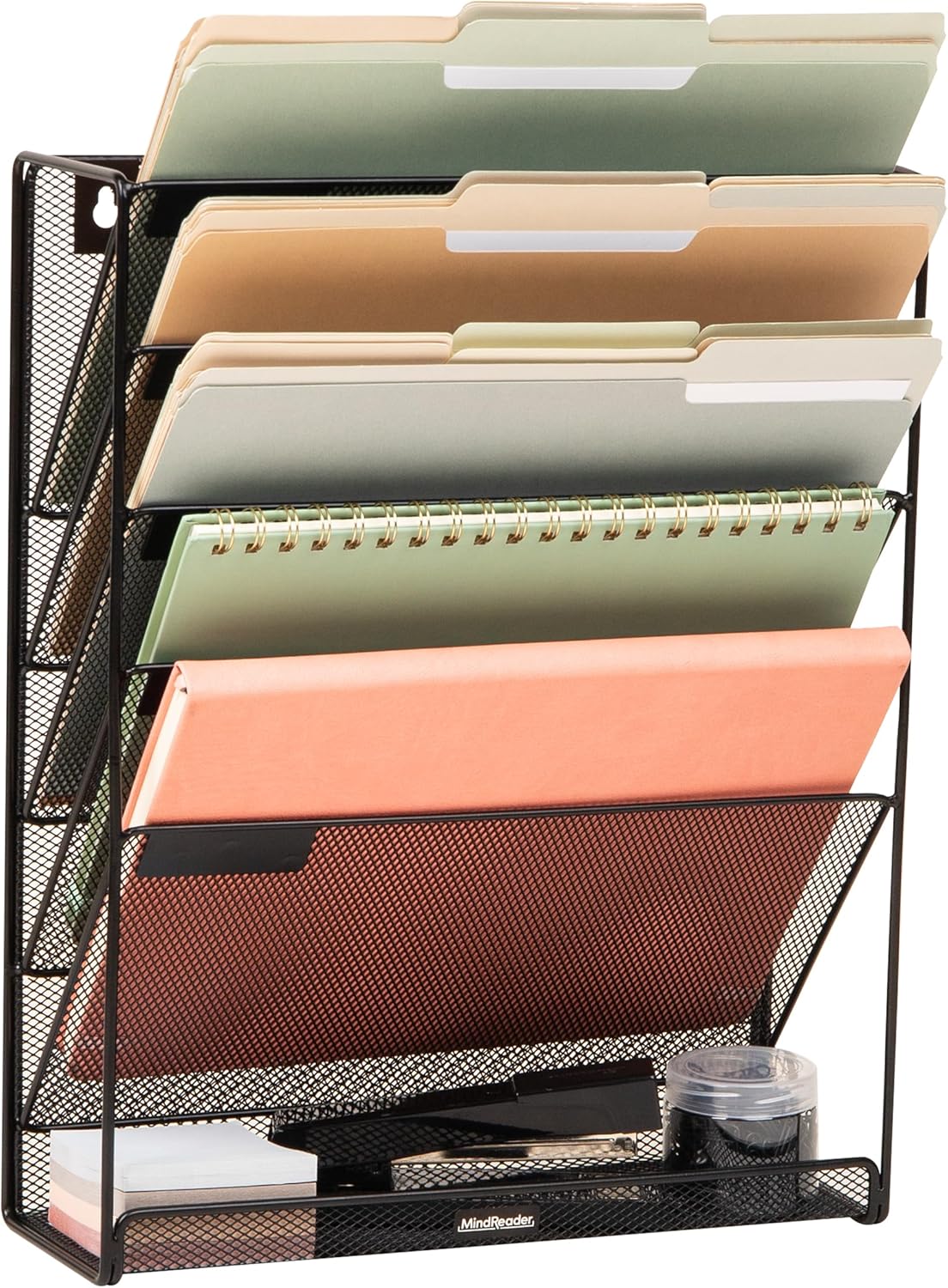 Mind Reader 5-Pocket Vertical File Storage, Desktop Organizer, Wall Mount, Office, Metal Mesh, Black