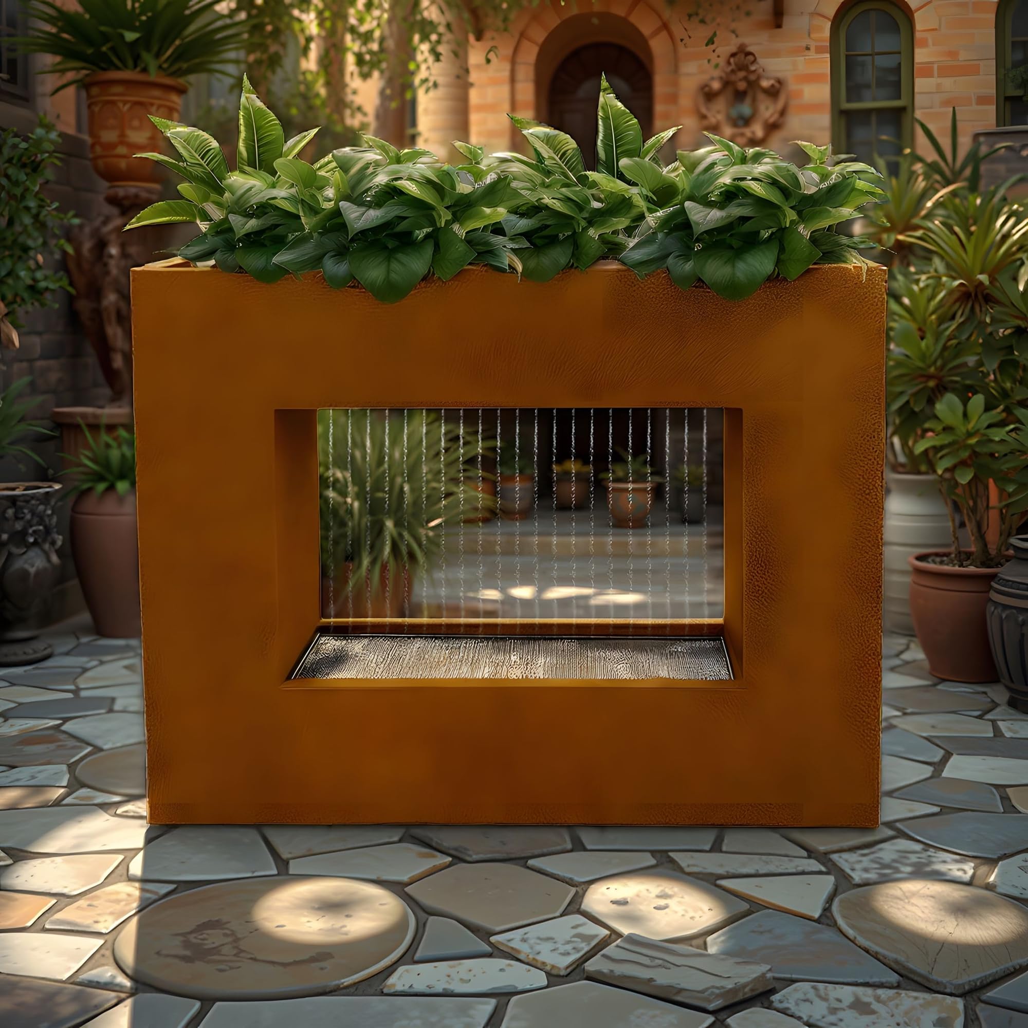 KÖHKO® 32001B - Cortina de agua con iluminación LED, altura 60 cm, acero corten con macetero, cascada, fuente de agua
