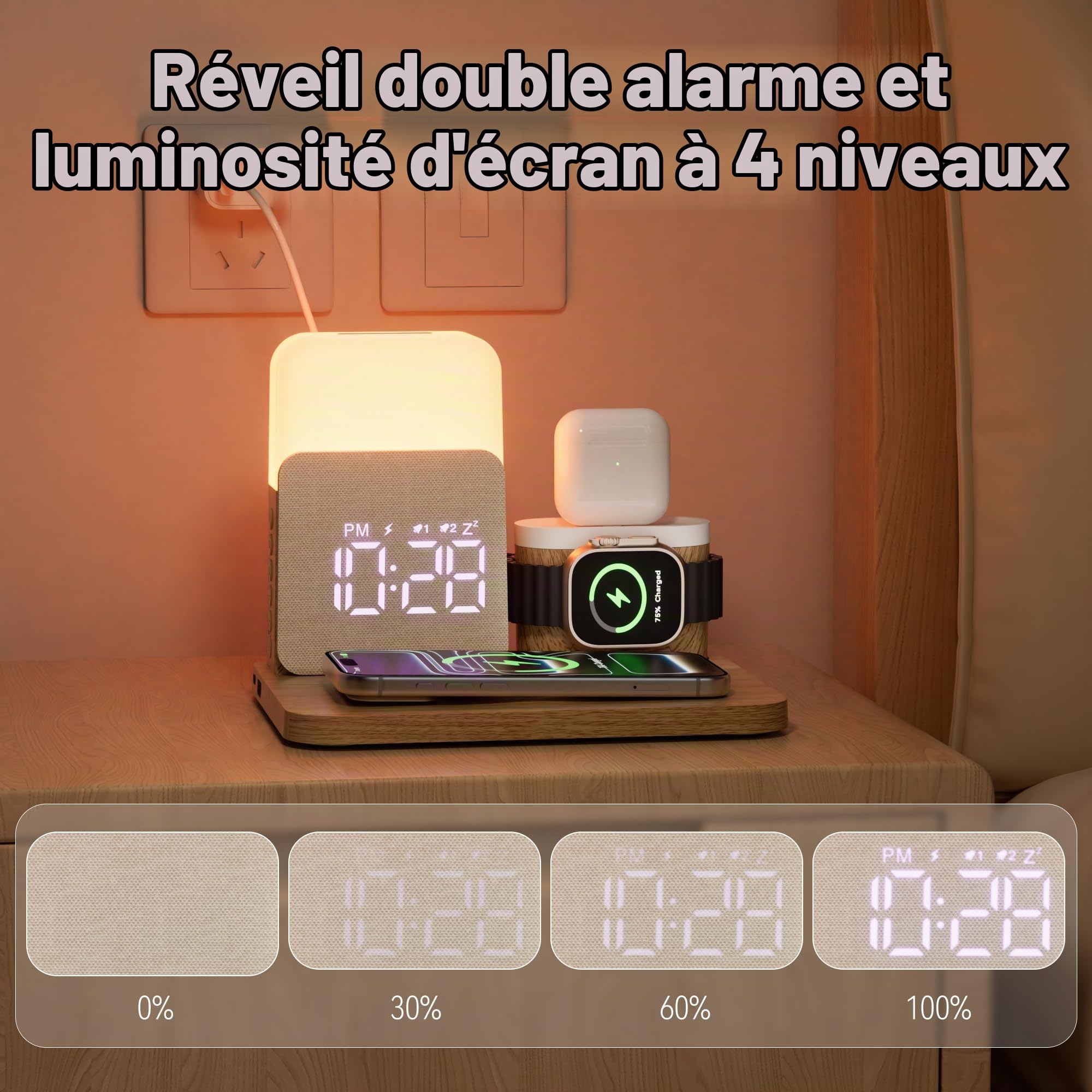 5 en 1 Station de Charge pour A-pple Reveil Chargeur Induction i -Phone | Chargeur sans Fil 17-11 pour air-pods A-pple Watch avec Lampe pour la Chambre à Coucher Adaptateur Inclus
