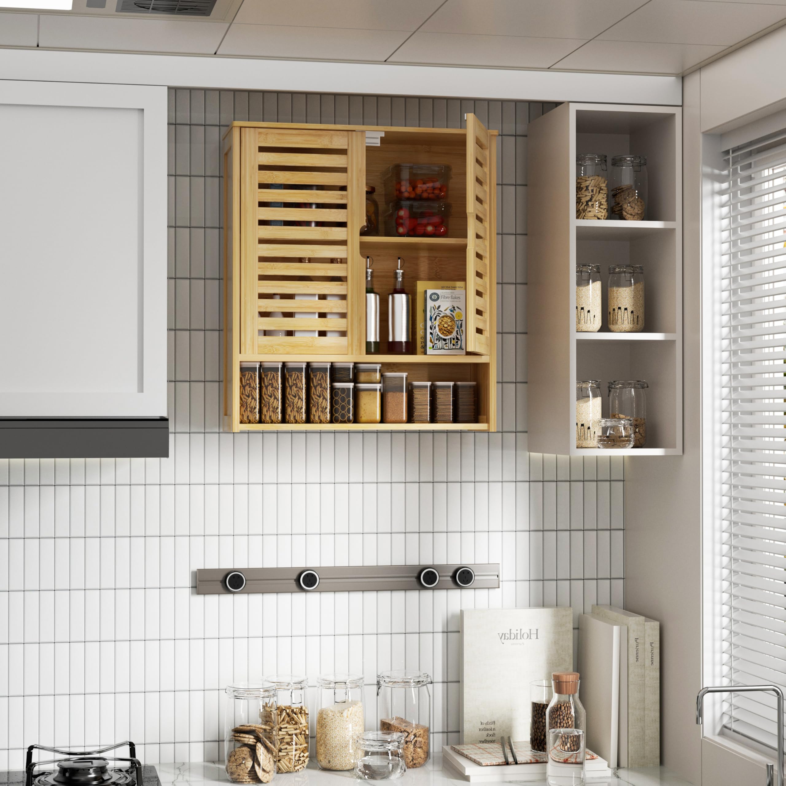 unho Meuble Salle de Bain Mural: Armoire Toilette Suspendu en Bambou Naturel Placard WC 2 Portes Rangement Cuisine Murale avec Étagères Réglables - 59x20.5x66.5 cm