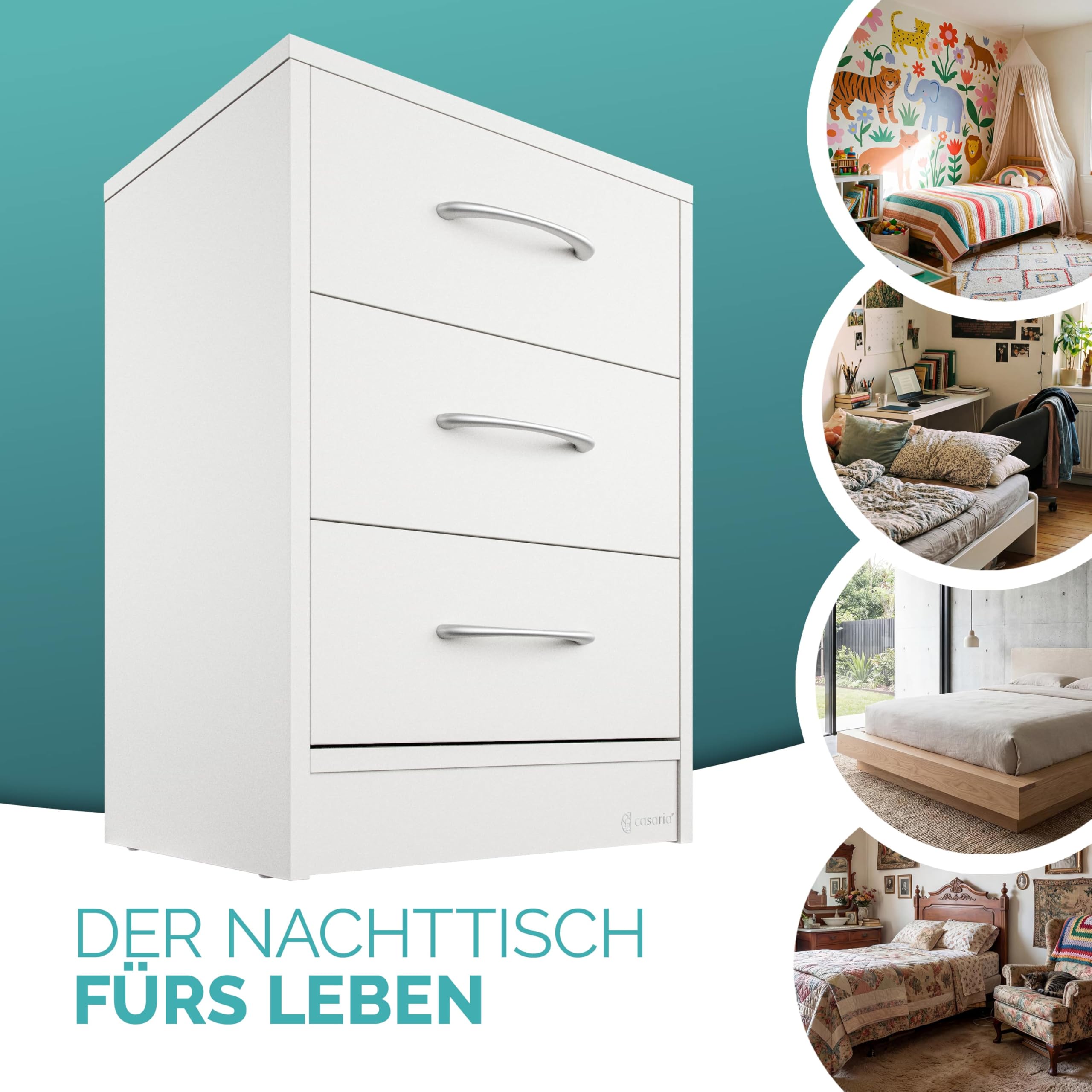 Casaria® Nachttisch Weiß LED 3 Schubladen Kabelführung Wandbefestigung Boxspringbett Schlafzimmer Nachtschrank Nachtkonsole Nachtkommode Holz 54x39x28cm