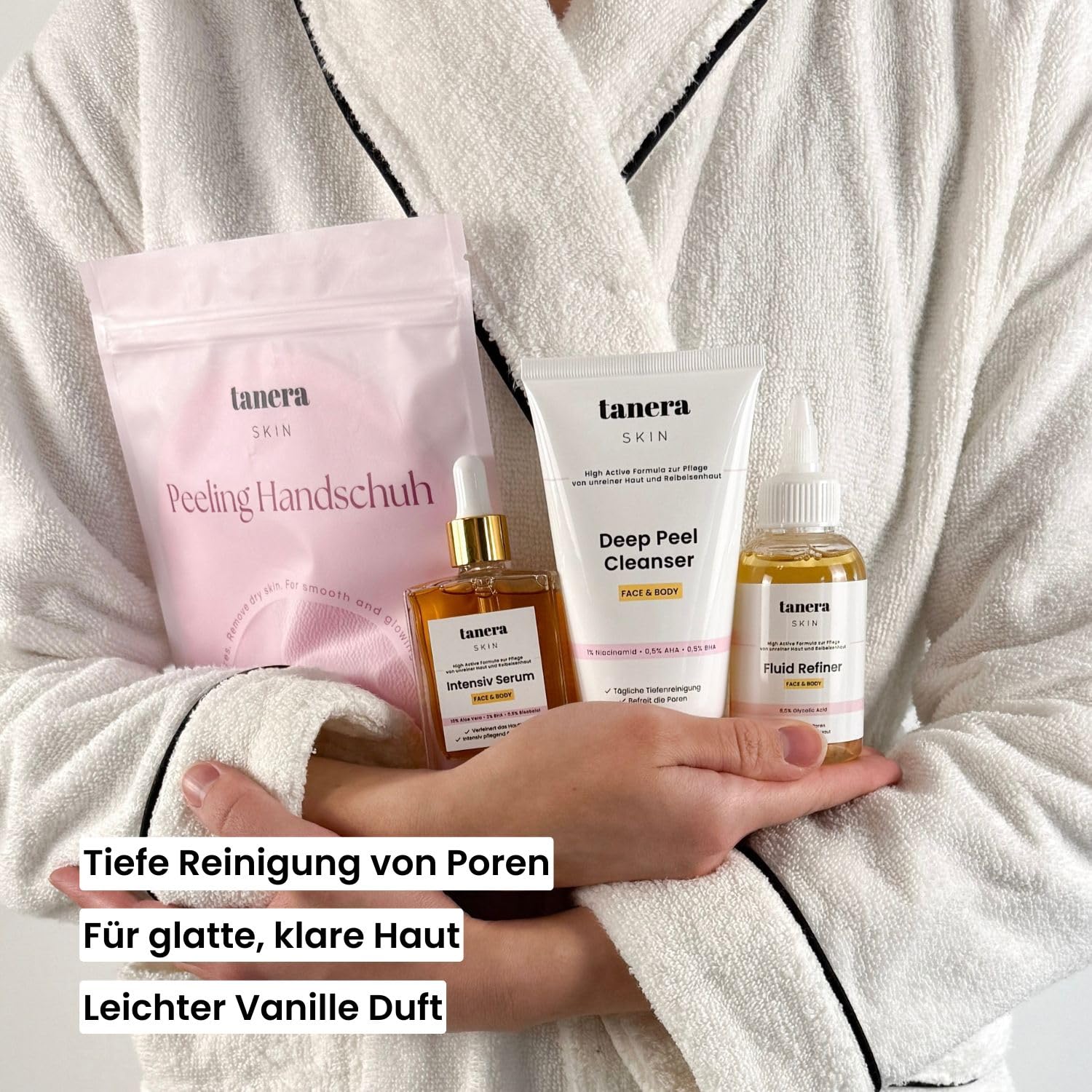 Tanera Skin Peeling Handschuh Set - Skincare für Keratosis Pilaris, raue Haut, Glycolic Acid Serum (Schwarz)