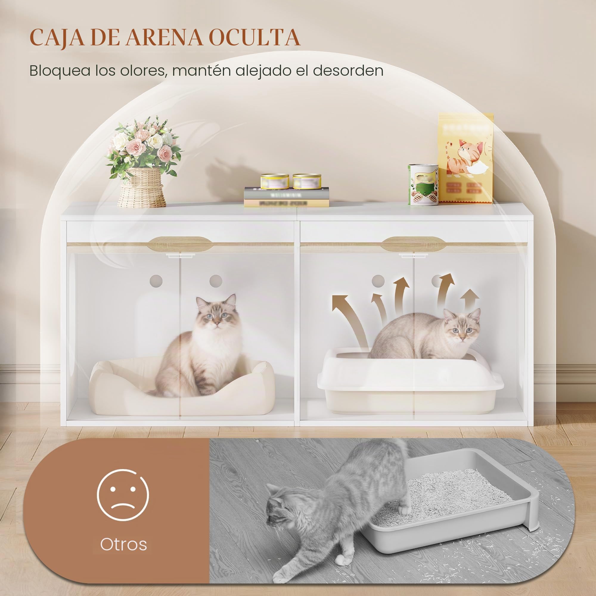 HEXCELEN Mueble Arenero 2 Gatos, Armario para Gatos, Oculto para Arenero con Puertas Dobles, Adecuada para Dormitorios, Salones, Armario de Almacenamiento, 120 x 50 x 53,4 cm, Roble Blanco y Blanco