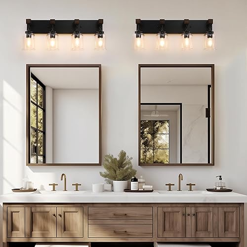Miniatura 5 de Lámpara de tocador de baño de granja, 4 lámparas negras claras sobre espejo, iluminación de pared rústica con pantallas de vidrio transparente para