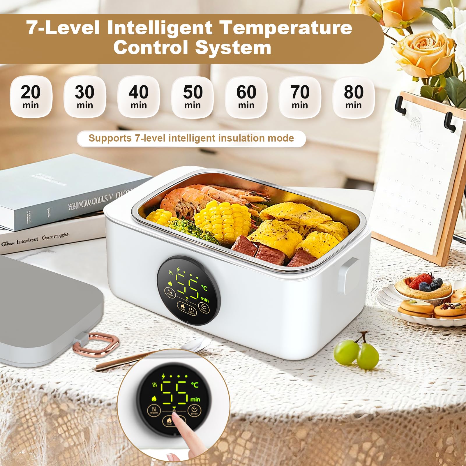 16000mAh Tragbare Elektrische Lunchbox mit Timer und 6 Temperaturstufen | Kabellose Beheizte Lunchbox mit 1L Herausnehmbarer Edelstahl Innenfutter,Digitalanzeige,für Auto/Büro/Schule/Picknick/Outdoor