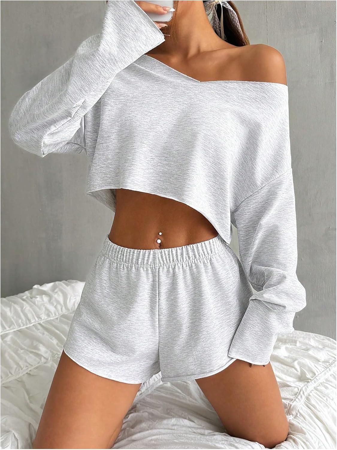 SOLY HUX Women's Sweatsuits 2 Piece Lounge Set Off The Shoulder Long Sleeve Crop Top and Shorts Outfits - Image 4