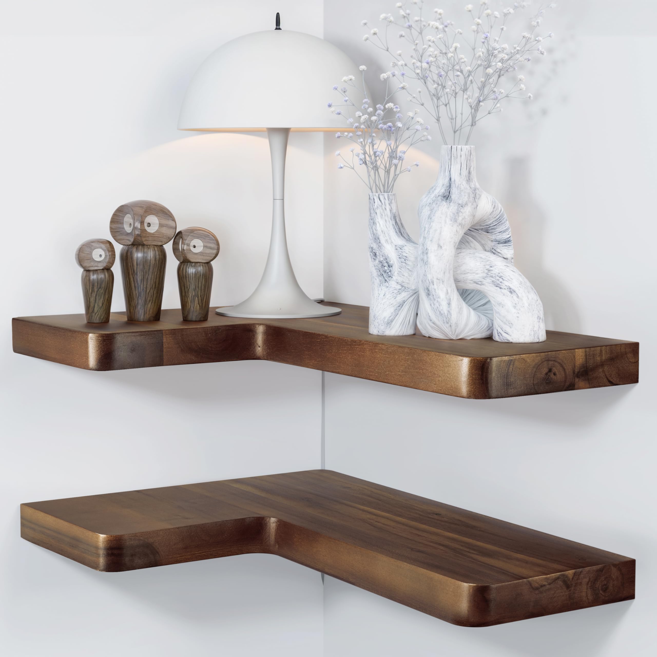 BATODA Estante flotante de esquina de madera de acacia de 17 x 12 pulgadas, estante esquinero montado en la pared, estantes flotantes para libros para pared, estante de esquina para el hogar, cocina
