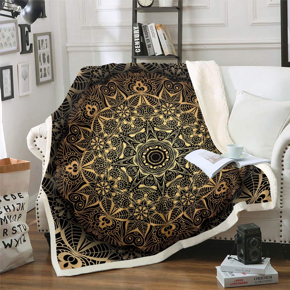 Couverture mandala chic en flanelle polaire noire et dorée de luxe