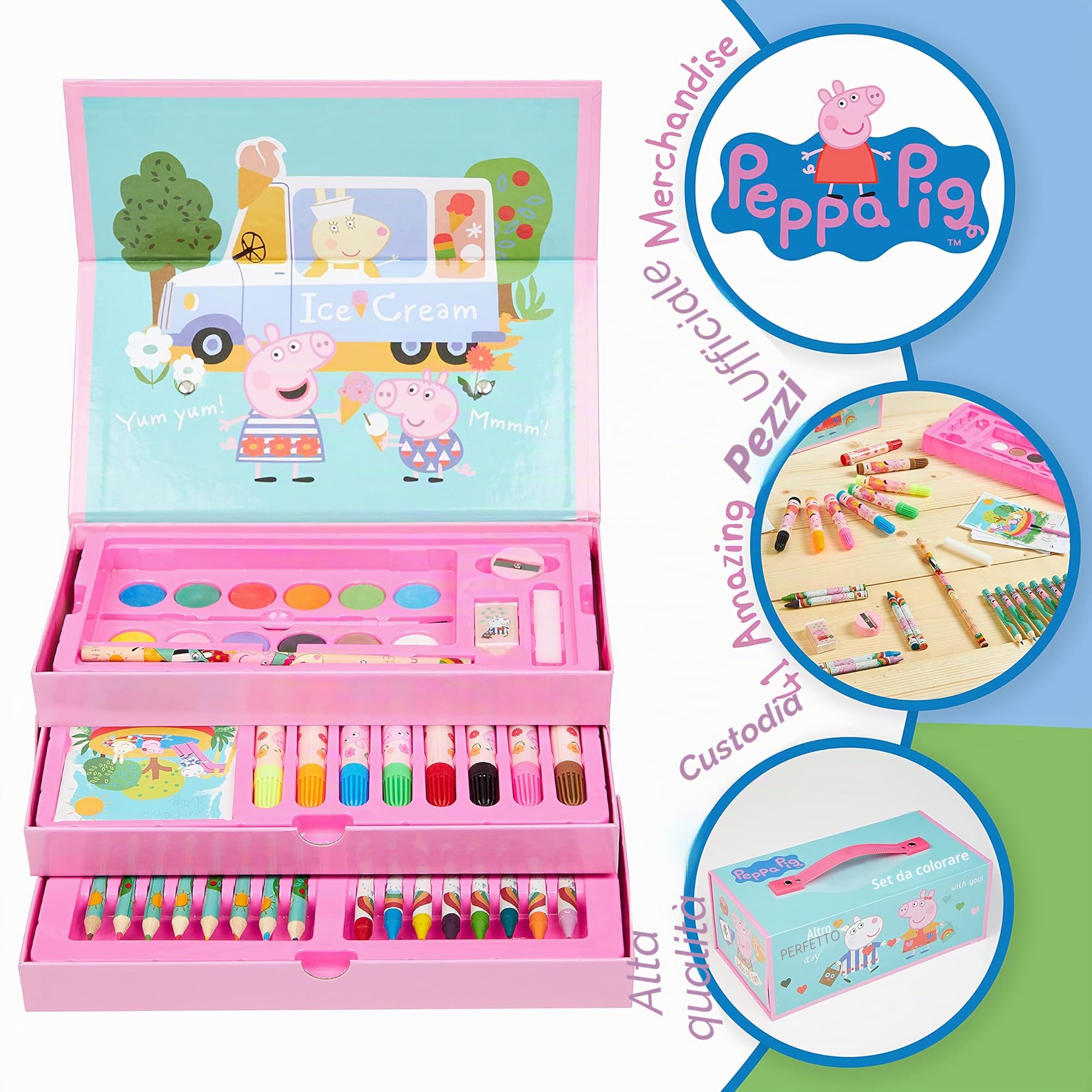 Peppa Pig Valigetta Colori per Bambini, Kit Colori per Disegnare e Dipingere, Set Pennarelli Bambini + Matite Pastelli Acquerelli, Regali Creativi Per Bambina