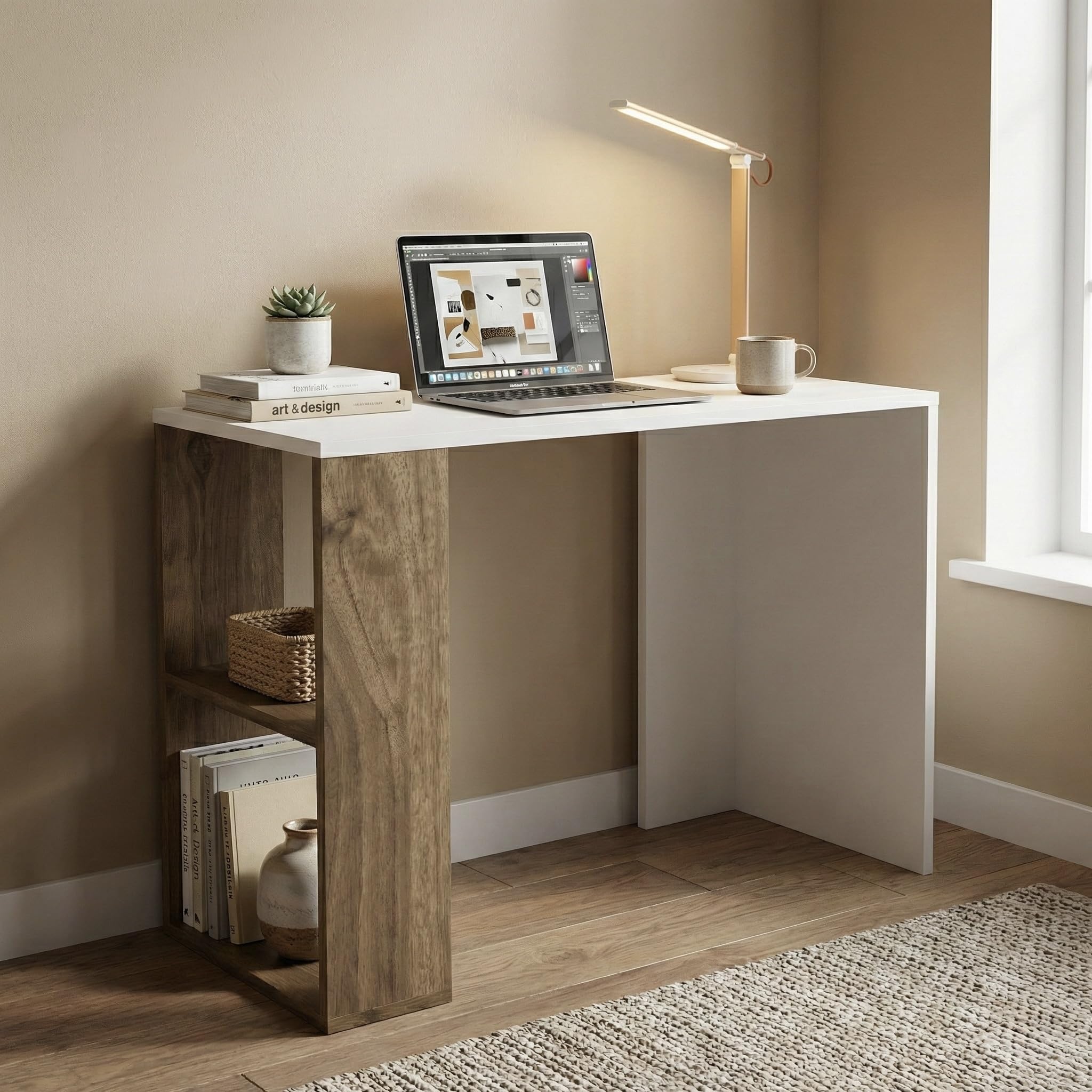 Strata Compact Computer Desk with Built-in 2-Tier Bookshelf, Space-Saving Modern Study Table & Workstation for Home Office, 90x50x80cm (White & Walnut)-image-36