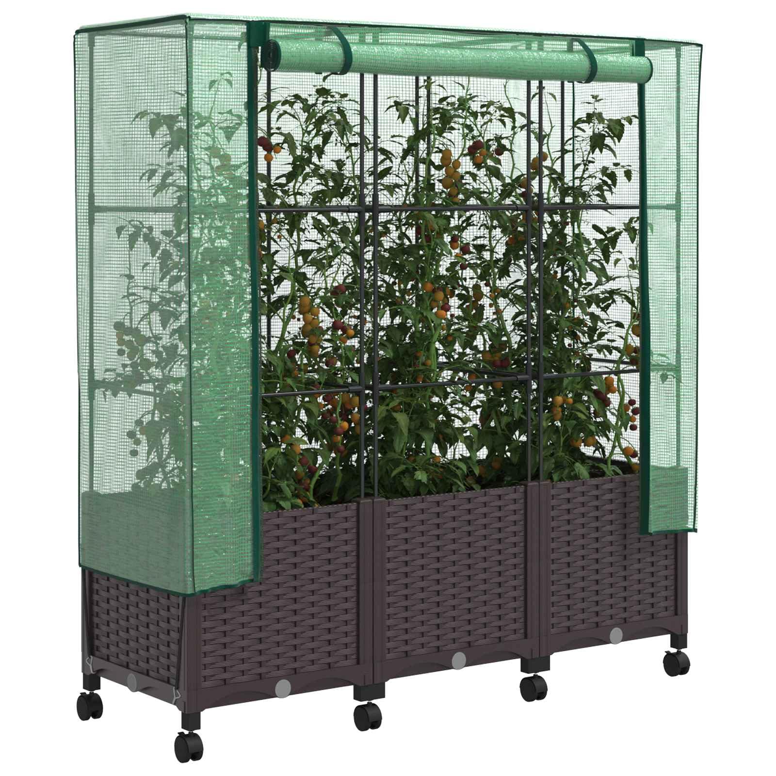 3X Jardinière Polypropylène avec Serre et Roues Marron 120cm