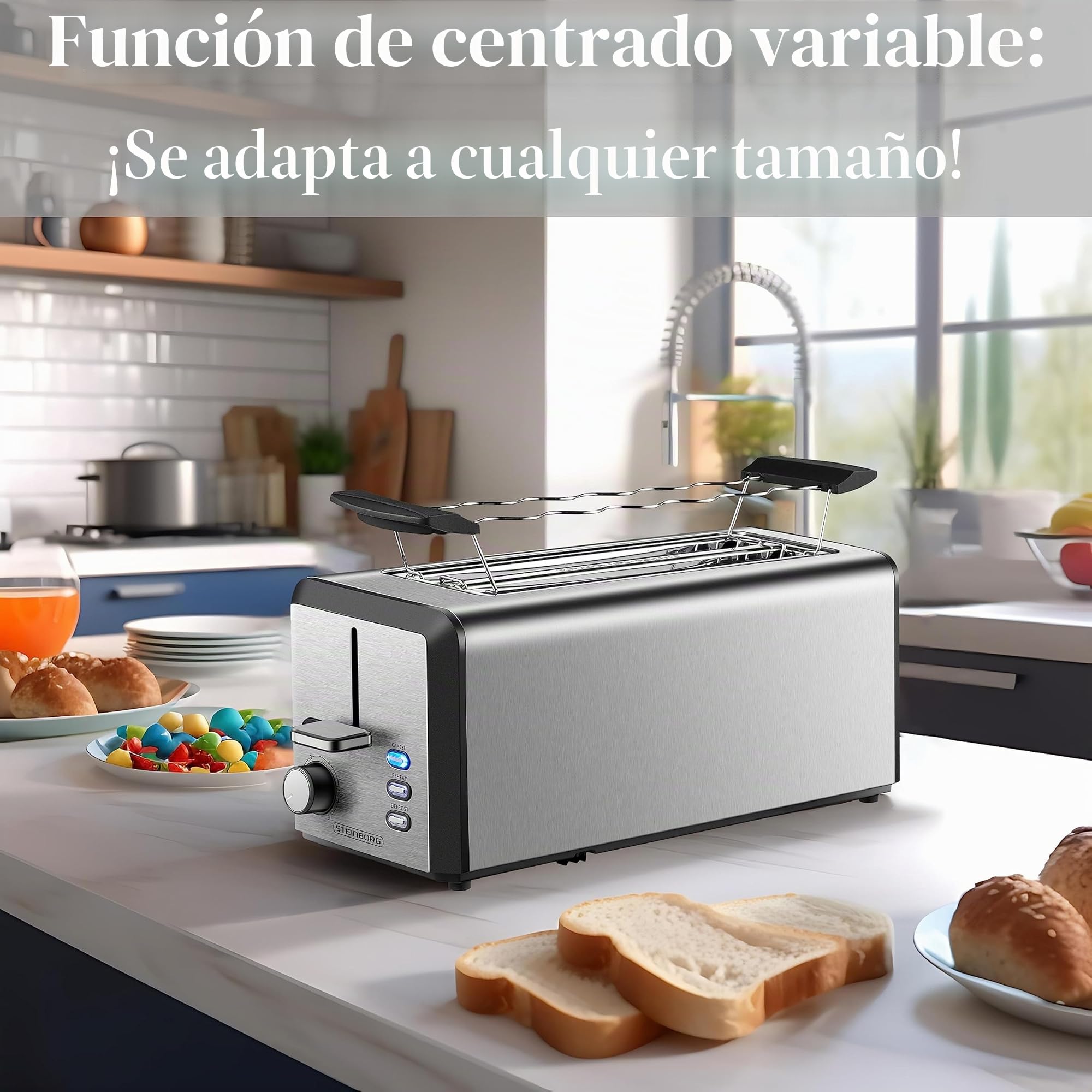 Tostadora XXL | 4 rebanadas | 1500 W | 6 niveles de control | accesorio para panecillos | función de descongelación | bandeja recogemigas | acero inoxidable