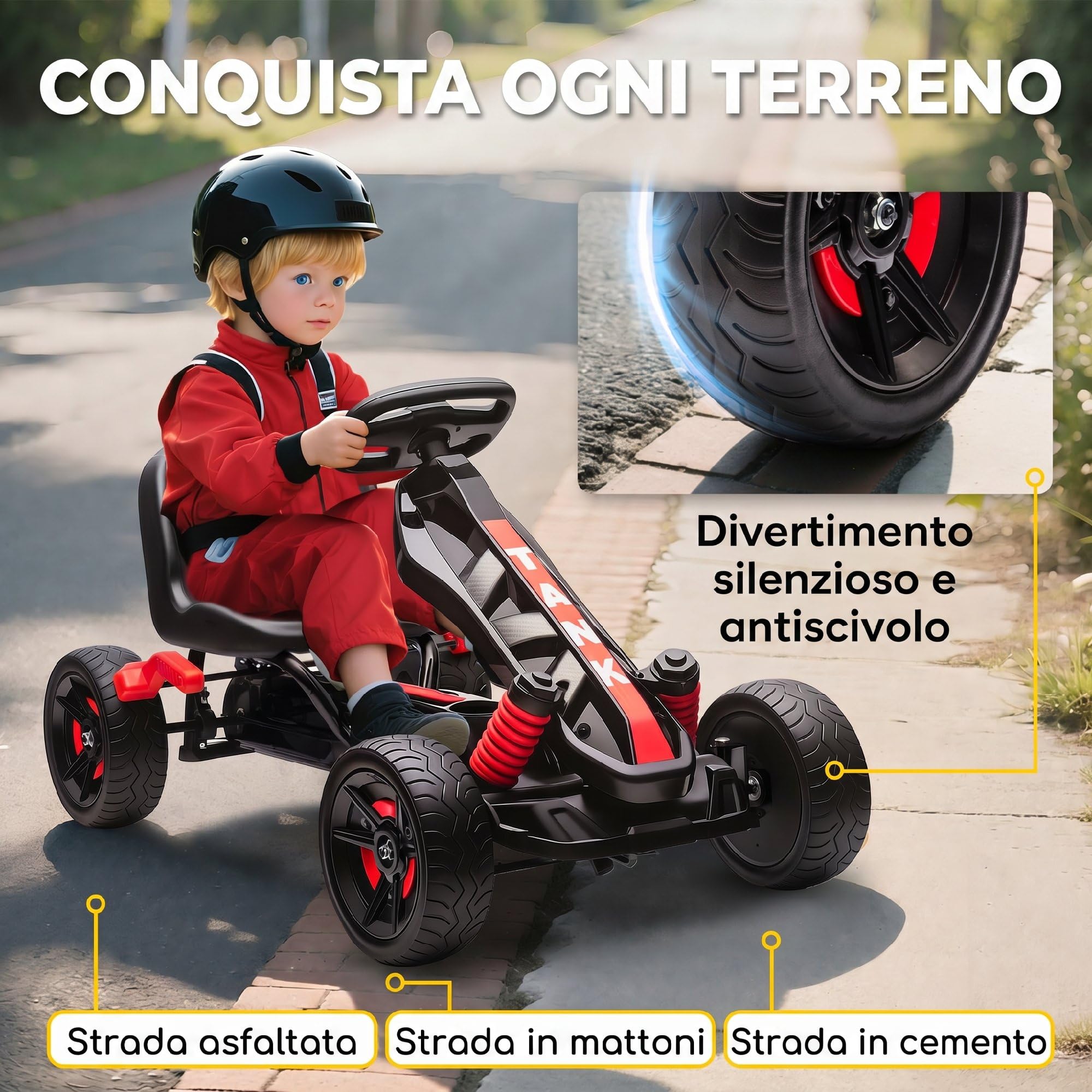 AIYAPLAY Go Kart a Pedali per Bambini 3-6 Anni 50kg con Marcia Avanti Rosso | Veicolo a Pedali per Bambini, Avanti, Retromarcia, Portabicchieri, Ruote in EVA Antiscivolo