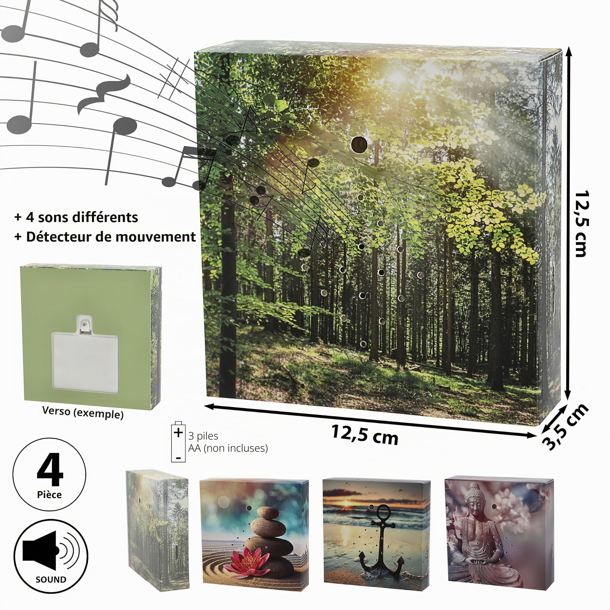 Lot de 4 boîtes de son avec détecteur de mouvement - 12 x 12 x 3,5 cm - Carton plastique - Son de méditation - Bruit d'onde - Chant de mouette (1 lot de 4)