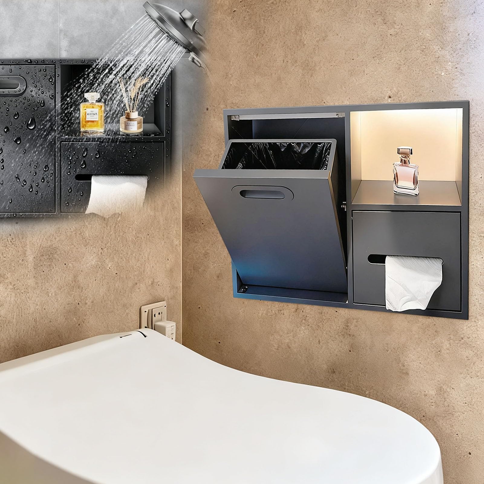 Soporte para Papel higiénico Empotrado en la Pared con Estante, Soporte para Papel higiénico Empotrado, nicho para Papelera Integrado, Inserto para nicho de Papel higiénico para co