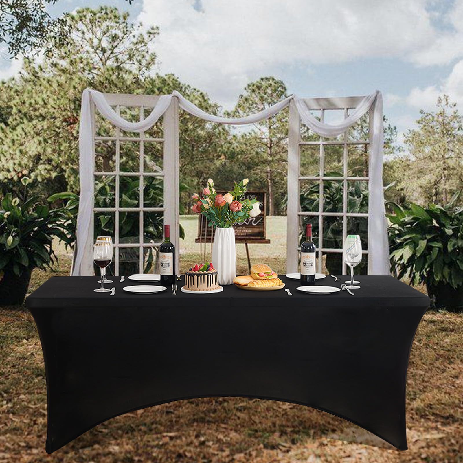 Paquete de 4 manteles rectangulares de elastano ajustables para mesa rectangular, de 6 pies, color negro para cumpleaños, cócteles, banquetes, fiestas al aire libre