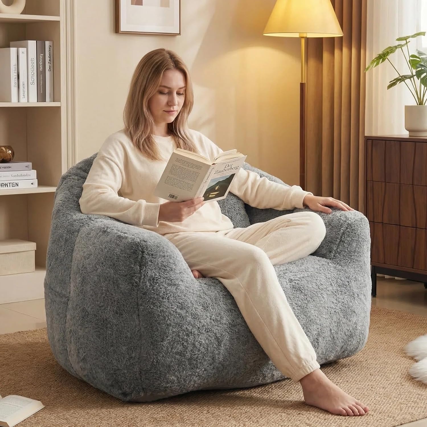 Furnimart 42" Oversized Bean Bag Chair with Pillow for Adult, Comfy Fluffy Faux Rabbit Fur Lazy Floor Sofa, Lounge Boneless Accent Chair for Bedroom, Living Room, Dorm (Grey)