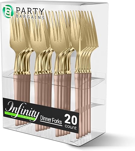 Party Bargains Cubiertos desechables de plástico, 20 unidades, color oro rosa, diseño moderno infinito de alta calidad, perfecto para cenas,