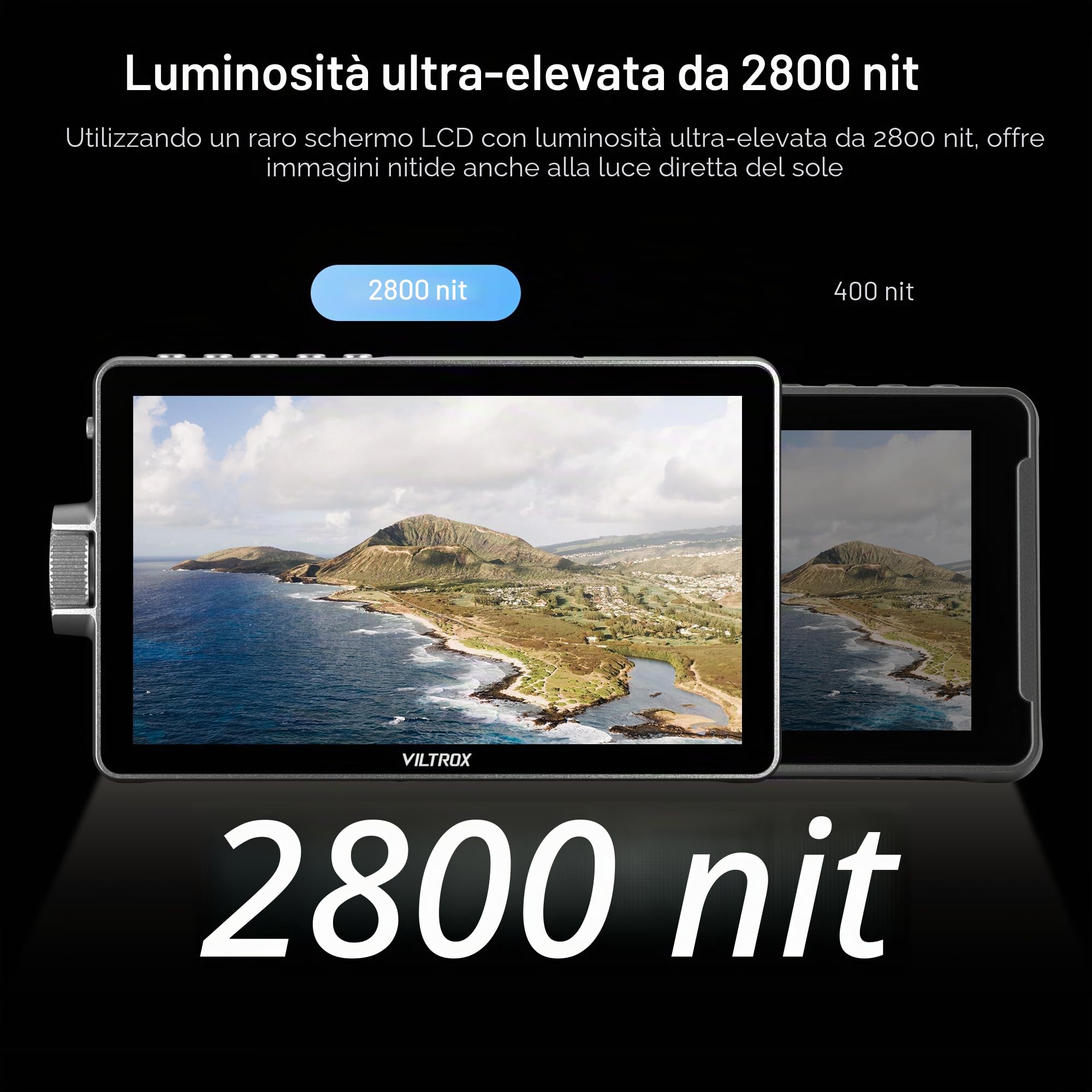 VILTROX DC-A1 2800 Nits Camera Field Monitor Touchscreen con 7 pollici Full HD 1920x1080 IPS 4K HDMI Loop in/Out, LUT 3D Forma d'onda Video Peaking Focus Assist, 170 ° Ampio Angolo di Visione