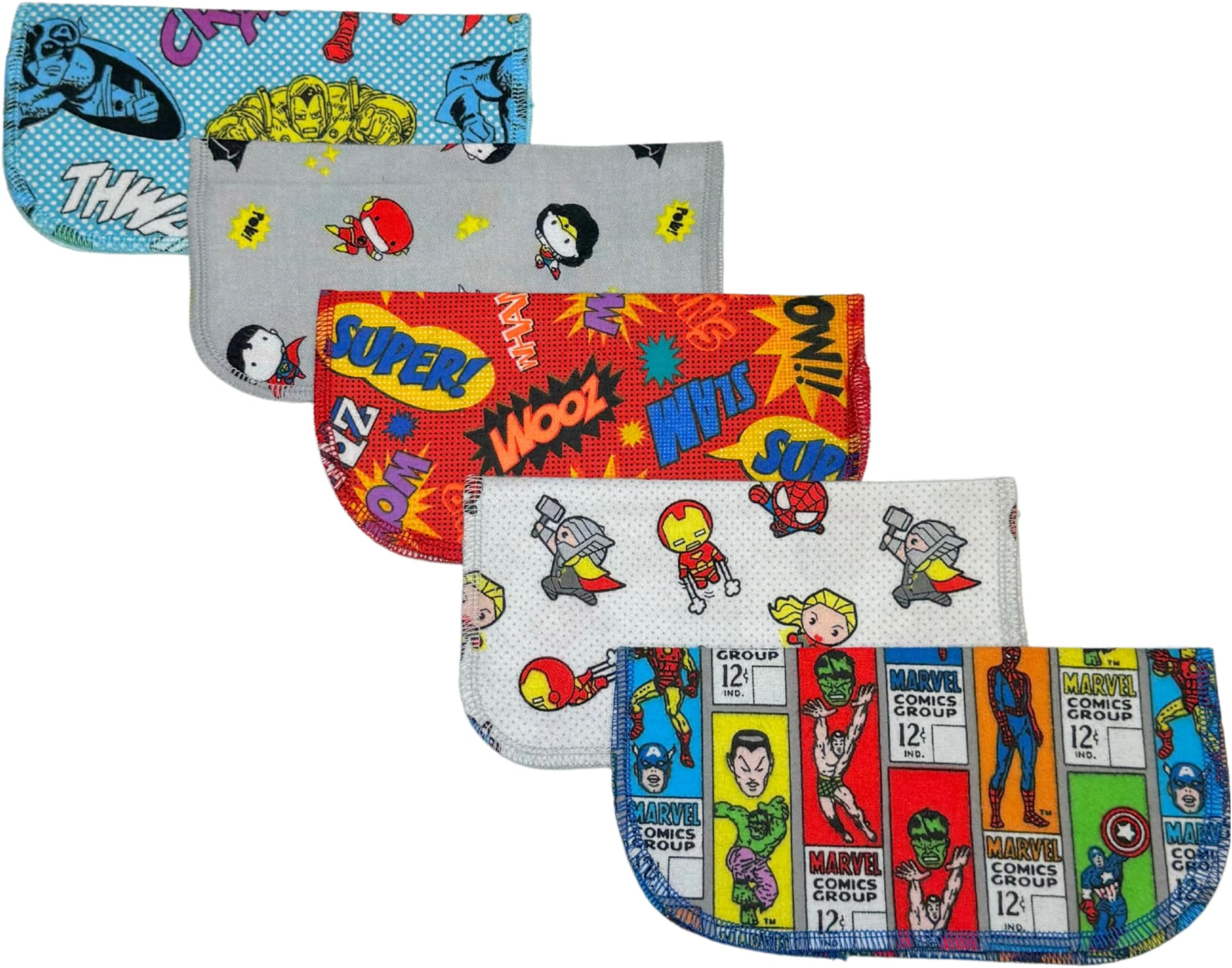 1 Ply Printed Flannel 8x8 Inches Little Wipes Set of 5 Favorite Superhero Characters- Proudly Made in the USA!