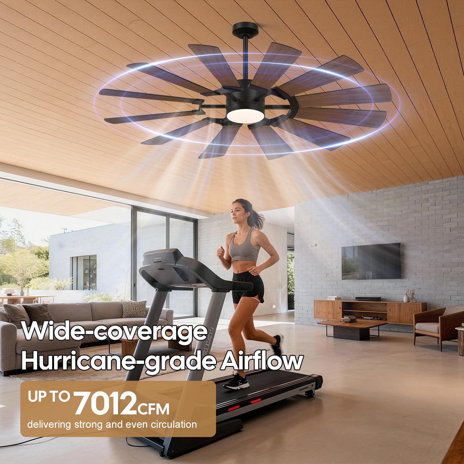 62 Outdoor Farmhouse Ceiling Fan with Lights 12 Blades Dual-Finish Wind Mill Fan 3 Downrods 6-Speed Reversible DC — view 3