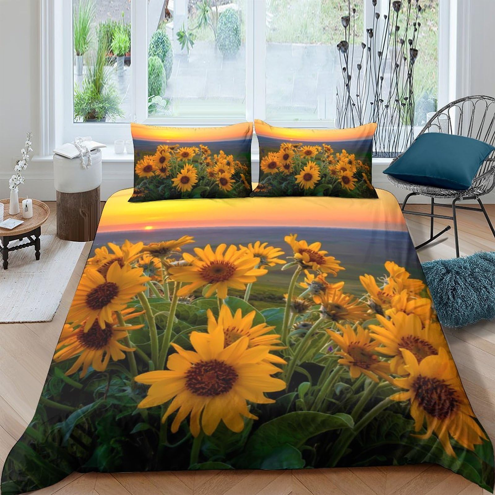 Ctjqhvkz Style-6 3D Printed Sunflower Field Fitted Sheet Microfiber Soft Yellow Floral Landscape Mattress Cover Bedroom Dorm Decor Single（135X200cm）