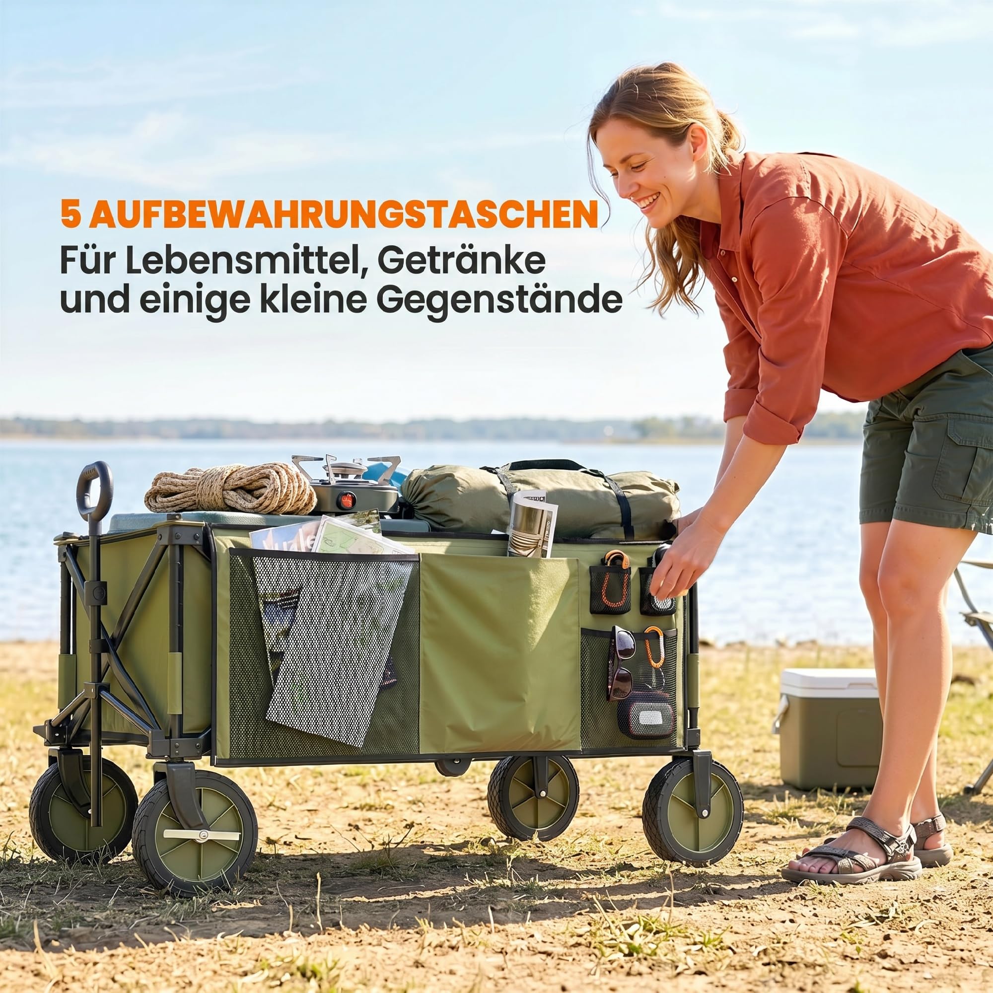 Outsunny Carro Plegable de Jardín con Ruedas Carro para Playa con Mango Telescópico Tablero Plegable 5 Bolsas Marco de Acero Carga 100 kg para Compra Patio 108x55x93 cm Verde