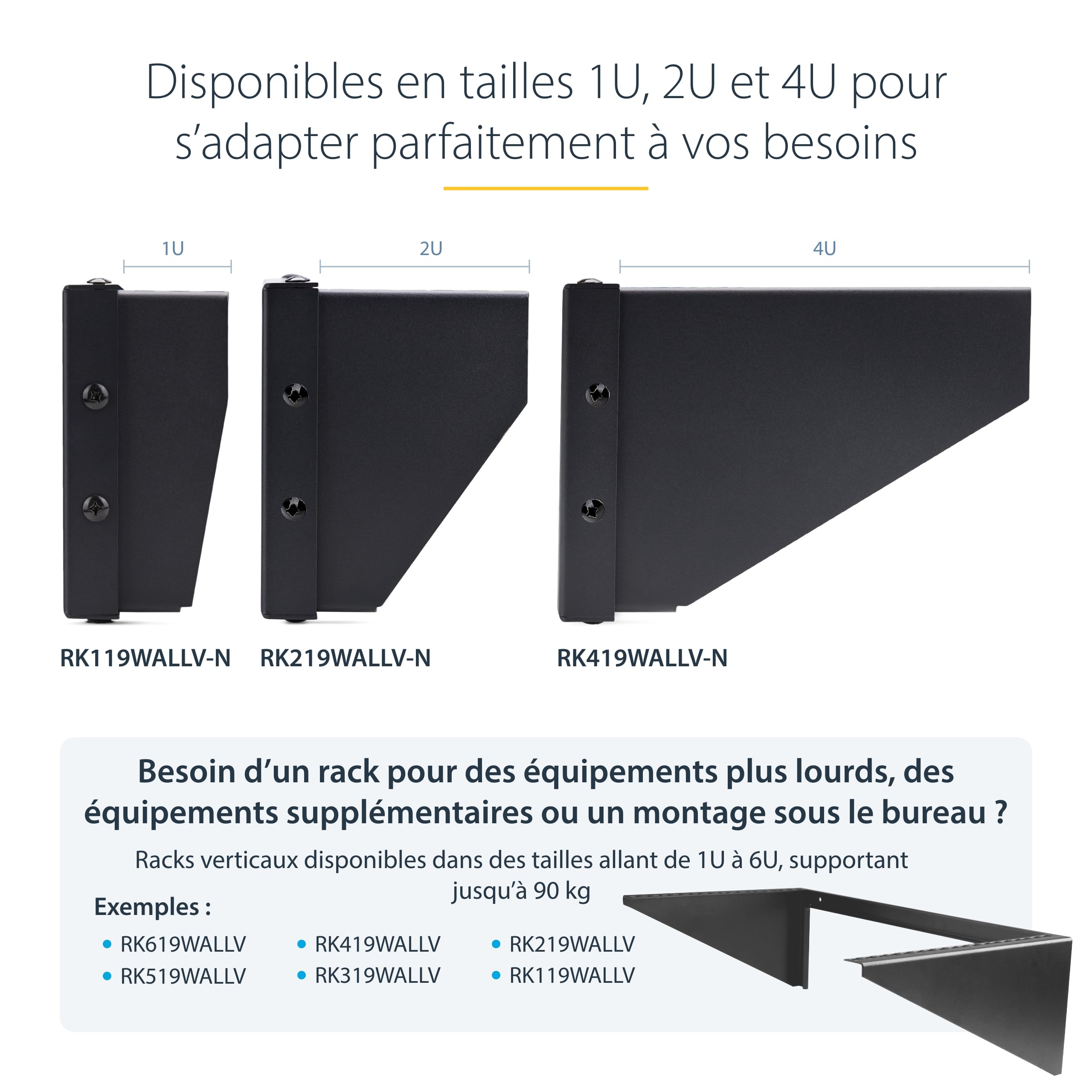 StarTech Support Mural Vertical 4U Montable Rack, 19", 55kg (RK419WALLV-N) | Panneaux de brassage, NAS, Serveurs, EIA-310, Encombrement minimal