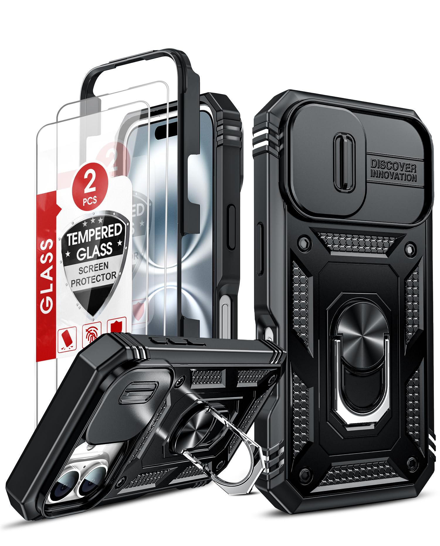 LeYi for iPhone 16 Case with Camera Cover Slider, 360° Full Body Armour Military Protective Tough Hard Phone Cover | 2 Tempered Glass Screen Protector | Ring Stand Holder for i Phone 16 Black