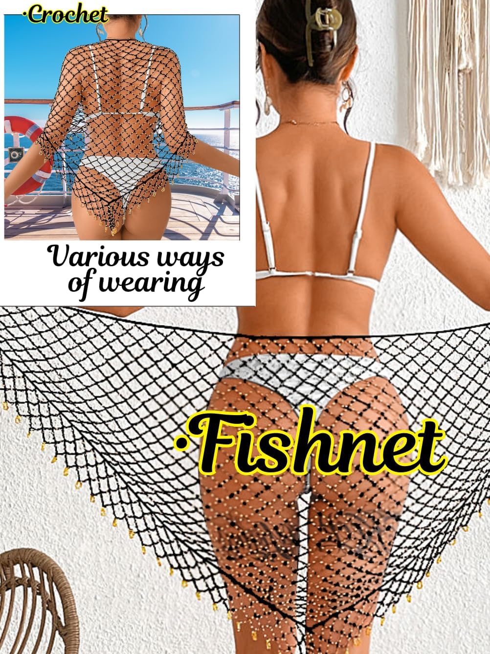 Women's Sparkly Beaded Fringe Wrap Coverup, Boho Crochet Beach Sarong Skirt, Belly Dance Hip Scarf Fits 00-10 - Image 3