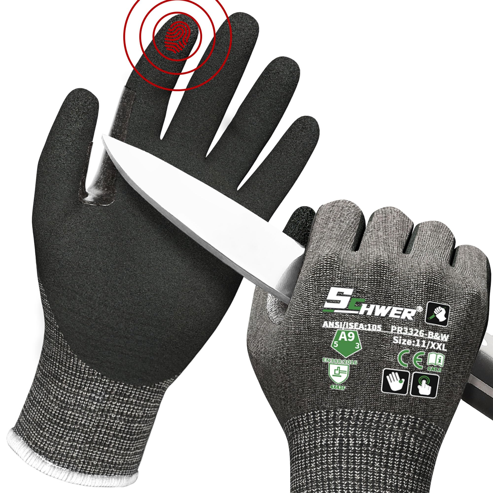Schwer ProGuard Highest Level Cut Resistant Work Gloves PR3326 for Extreme Protection，ANSI A9 Cut Gloves with Reinforced Thumb, Non Slip, Non PFAS, Durable, Touch-screen, Black 2 Pairs XXL
