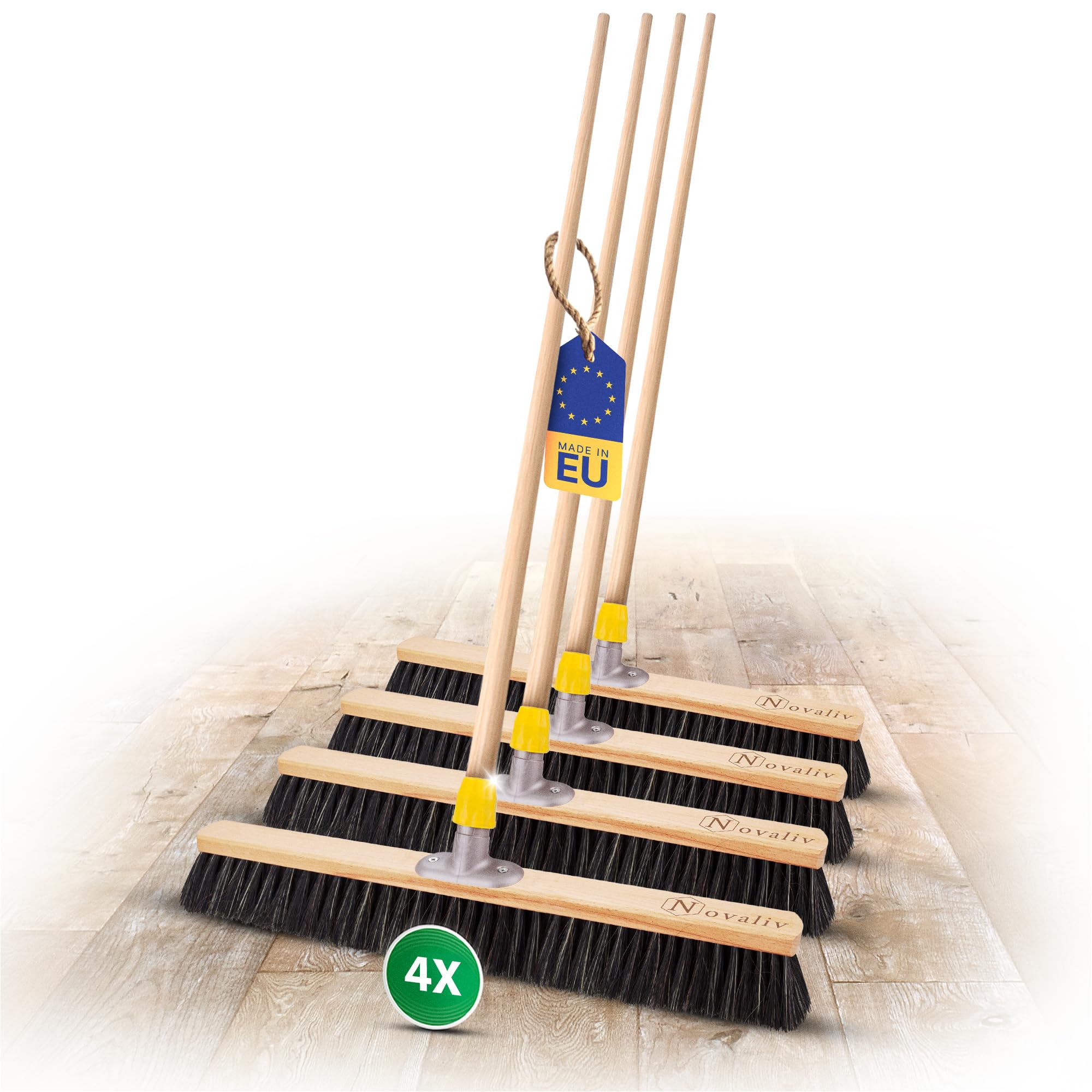 Novaliv 4X Saalbesen mit Rosshaar Mischung I 60cm mit Holzstiel I weiche Borsten Kehrbesen Hofbesen Feinstaubbesen
