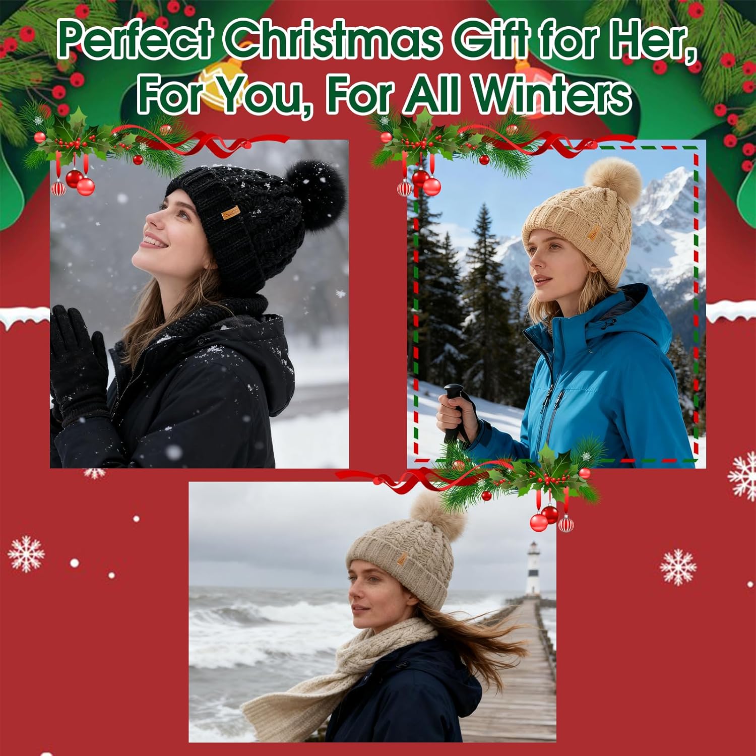 Donfri Womens Satin Lined Beanie Hats Winter Warm Pompom Silk Lining Hat Knit Skull Cap Beanie Gift - Image 7