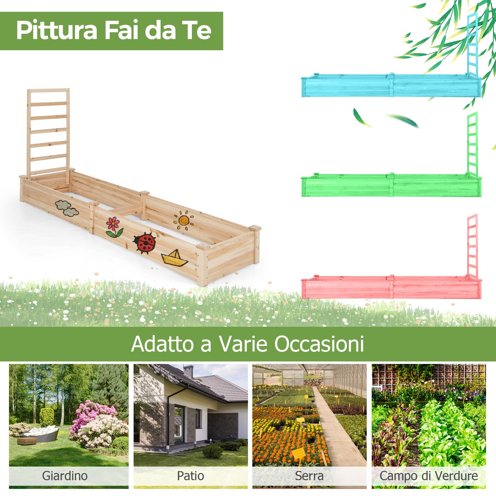 COSTWAY Fioriera da Esterno e Traliccio, Letto Rialzato in Legno per Fiori, Erbe, Verdure, Frutta e Viti Rampicanti, Aiuola Elevata da Giardino con Spalliera, 235CM x 63CM x 102CM (Naturale)