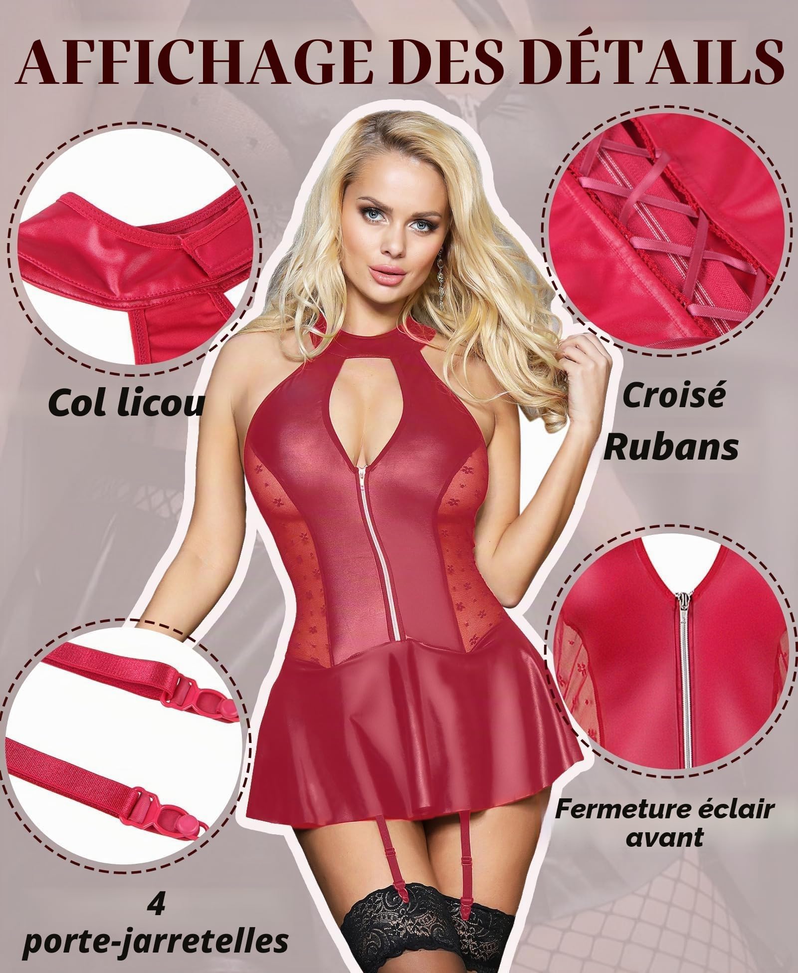 comeondear Robe Sexy Femme Érotique Club Libertin Minirobe Simili Cuir Grande Taille Clubwear Coquine Hot Transparent Résille Wetlook Moulante Lingerie Dos Nu Guepiere avec 4 Pinces
