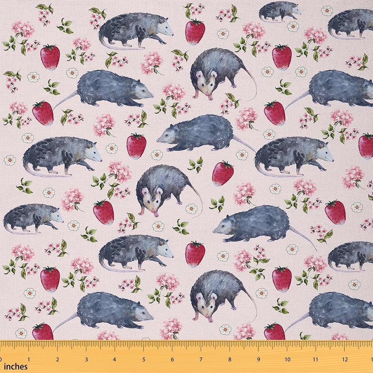 Possum Fabric by The Yard Cute Opossum Animal Upholstery Fabric for Chairs Red Strawberry Pink White Flowers Leaves Decorative Waterproof Outdoor Fabric 1 Yard (L92*W150cm) — image 1