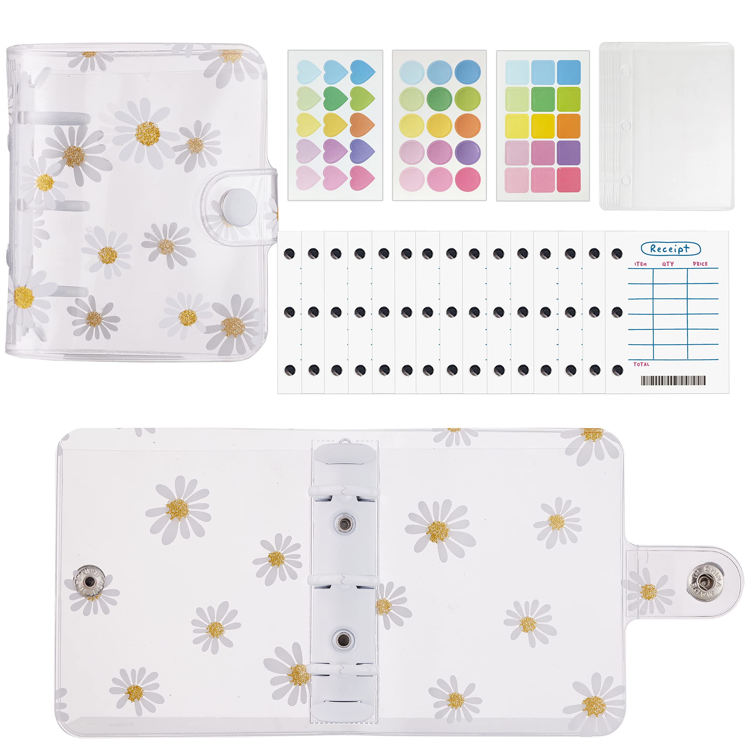 Harphia Mini Budget Binder with Zipper Envelopes & Expense Budget Sheets,Transparent Money Binder with Cash Envelopes for Budgeting and Saving Money Pocket Binders Pink Daisy 148-Transparent